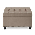 Large Square Storage Ottoman With Wooden Legs, Upholstered Button Tufted Coffee Table With Nail Trims For For Living Space,Linen Espresso Wood Primary Living Space Black Solid Rubberwood Wood With Storage Linen Linen Linen Or Linen Blend Backless Medium