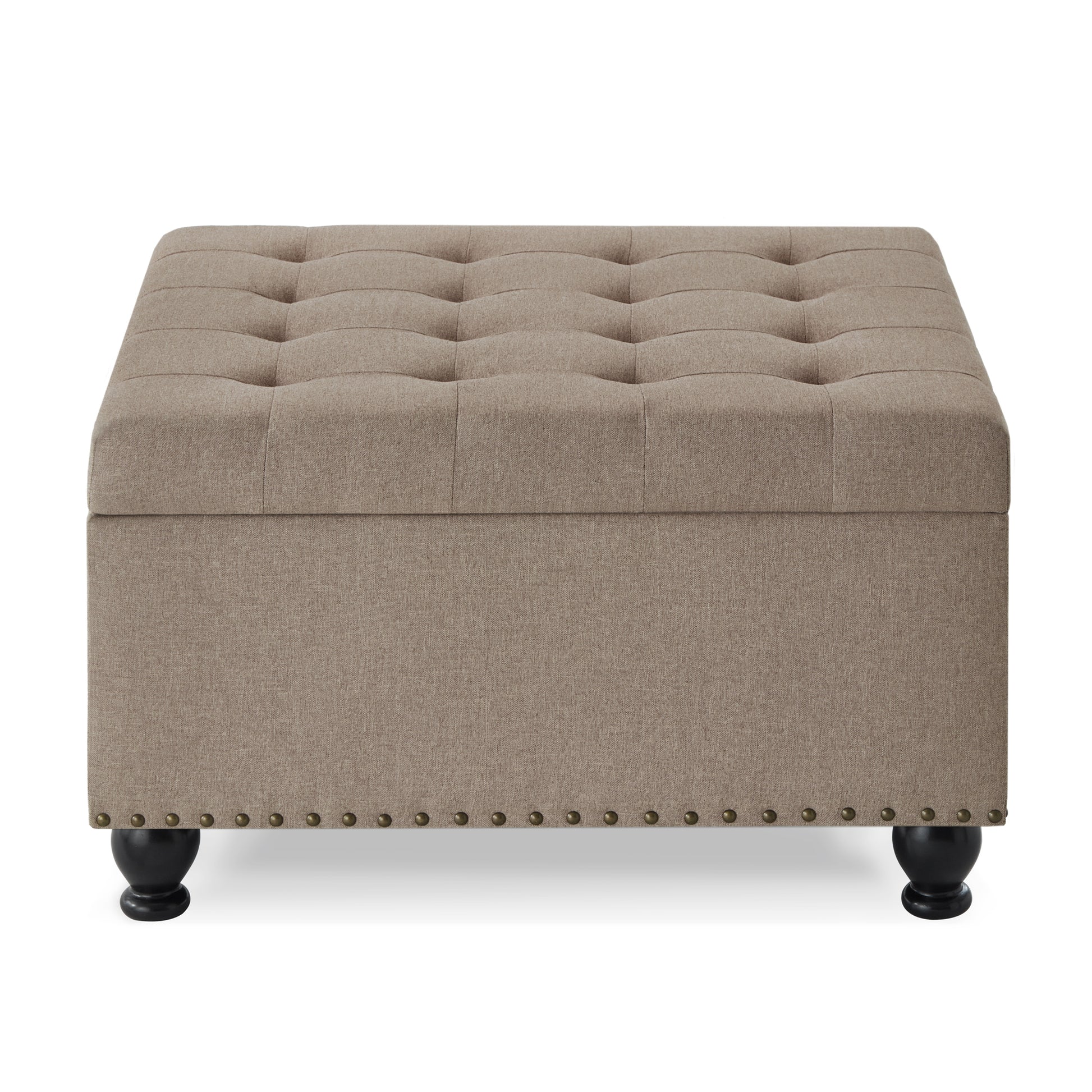 Large Square Storage Ottoman With Wooden Legs, Upholstered Button Tufted Coffee Table With Nail Trims For For Living Space,Linen Espresso Wood Primary Living Space Black Solid Rubberwood Wood With Storage Linen Linen Linen Or Linen Blend Backless Medium