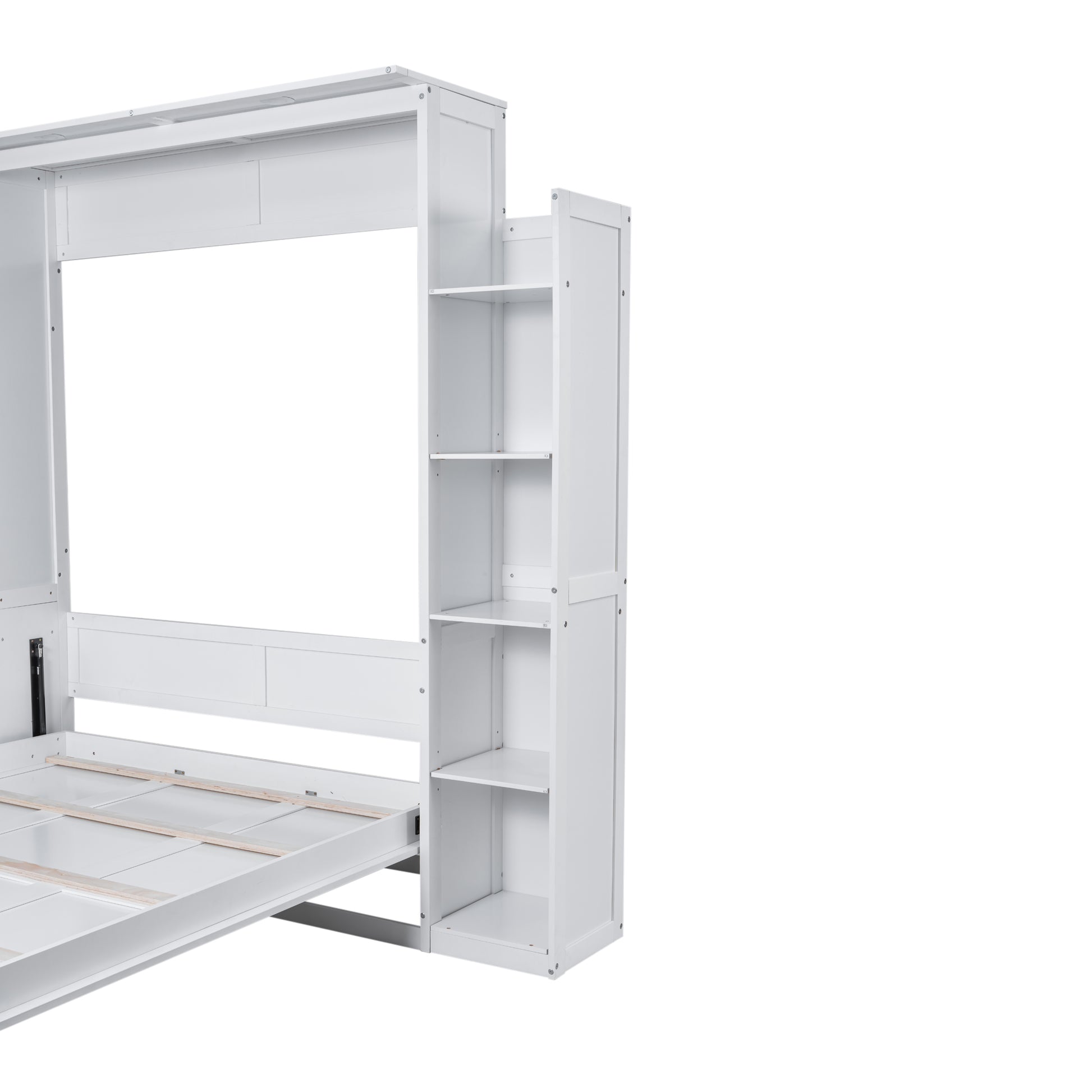 Queen Size Murphy Bed Wall Bed With Shelves And Led Lights,White White Solid Wood Mdf
