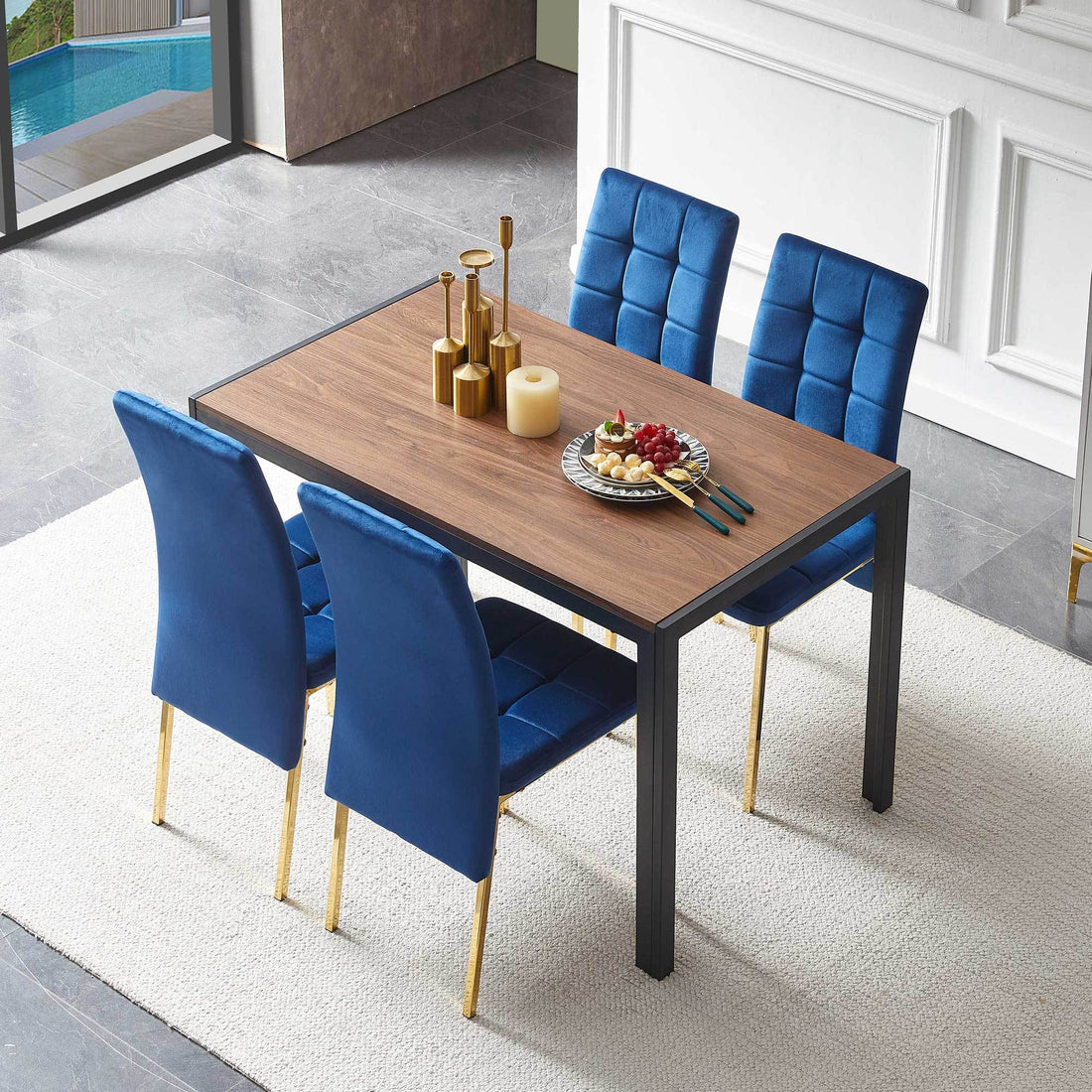 5 Piece Dining Set Including Blue Velvet High Back Golden Color Legs Nordic Dining Chair & Creative Design Mdf Dining Table Metal Blue Seats 4 Brown Metal Dining Room 4 Leg Square Dining Table With Chair Mdf