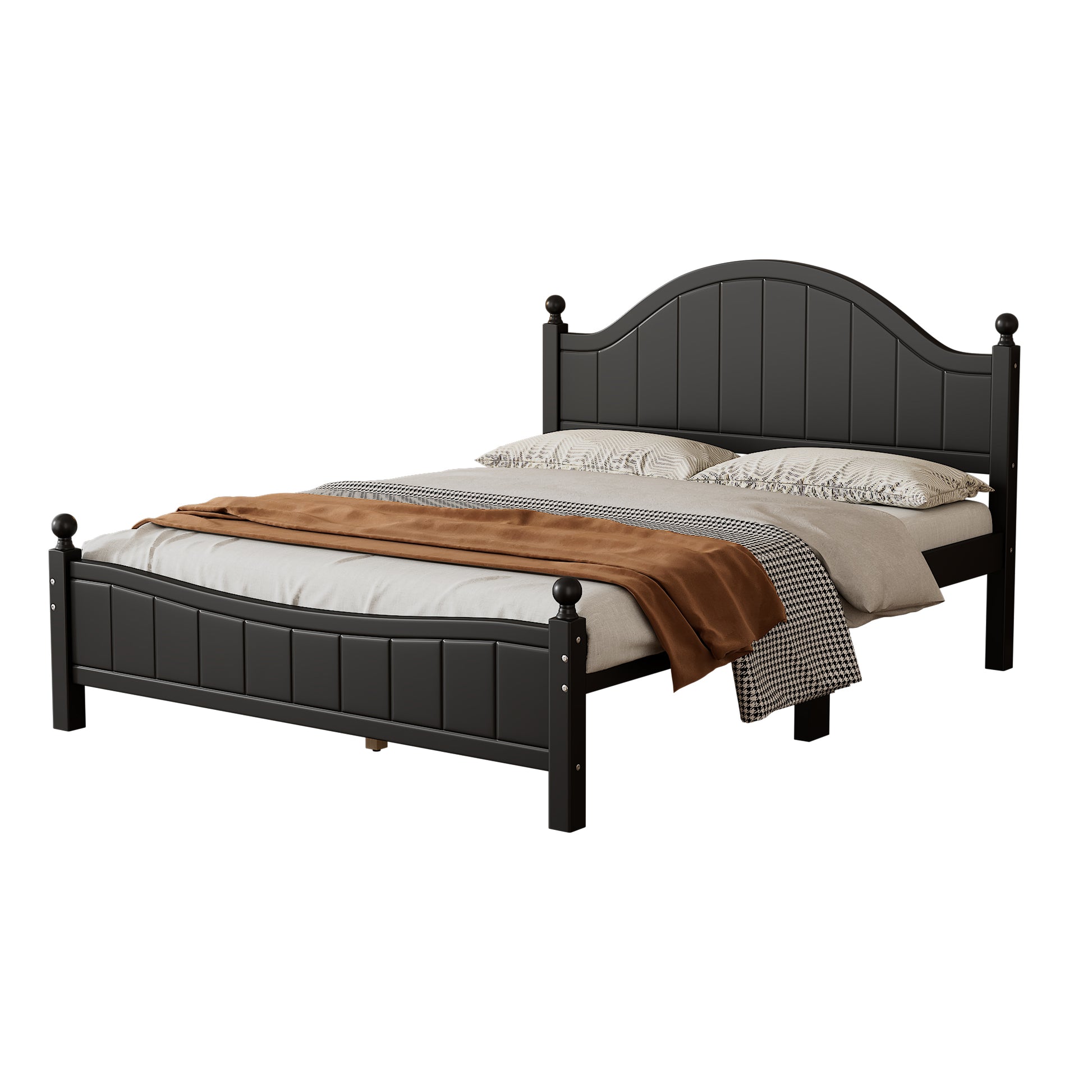 Traditional Concise Style Black Solid Wood Platform Bed, No Need Box Spring, Queen Black Wood