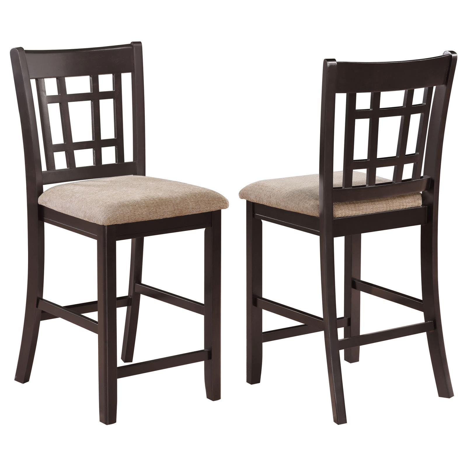 Tan And Espresso Lattice Back Counter Height Stools Set Of 2 Solid Brown Espresso Dining Room Foam Spot Clean Transitional Rubberwood Open Back Foam Faux Leather