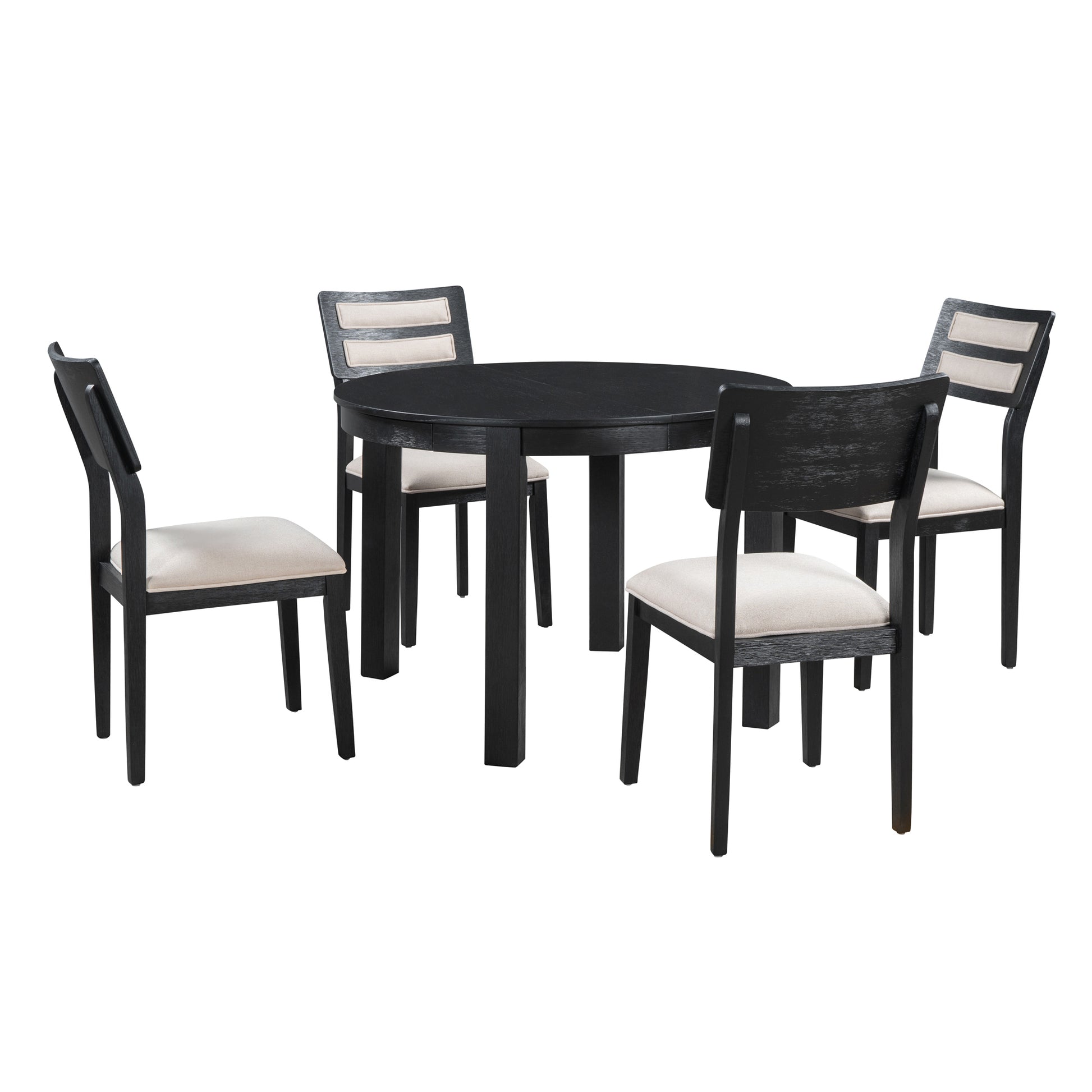 5 Piece Multifunctional Dining Table Set, Farmhouse Dining Set With Extendable Round Table,Two Small Drawers And 4 Upholstered Dining Chairs For Kitchen And Dining Room Black Black Solid Wood