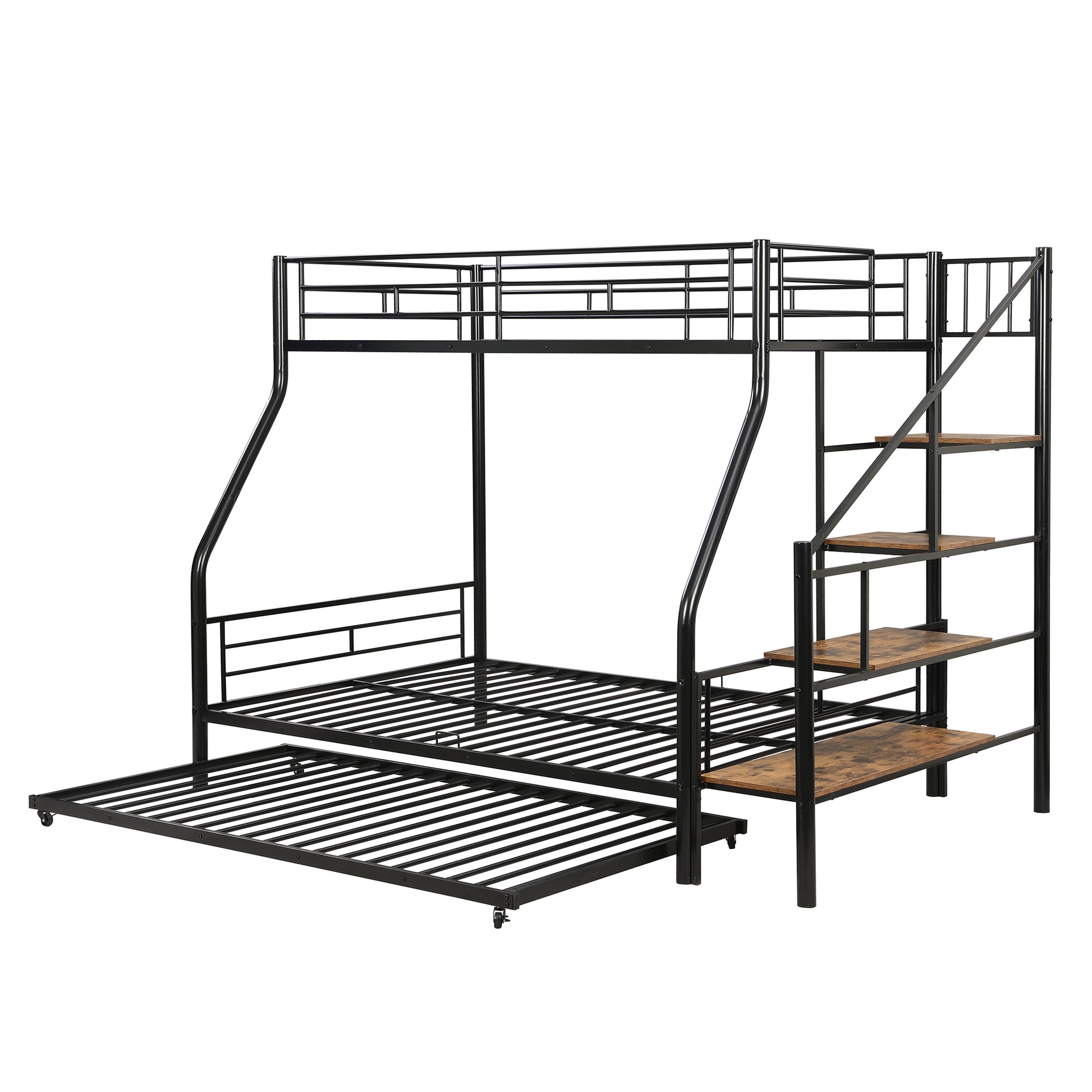 Twin Over Full Size Metal Bunk Bed With Trundle And Storage Staircase, Black Twin Black Metal