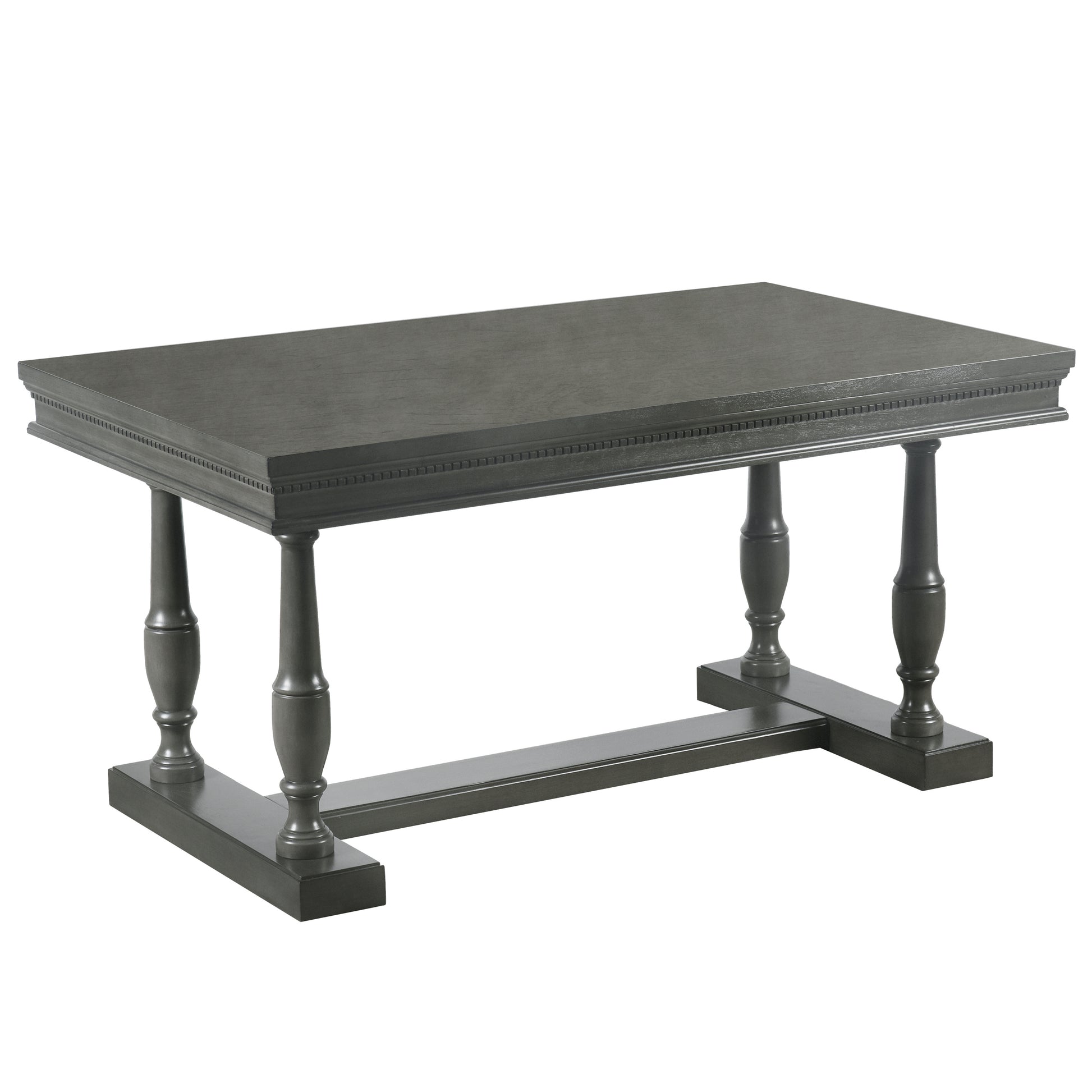 7 Piece Dining Table With 4 Trestle Base And 6 Upholstered Chairs With Slightly Curve And Ergonomic Seat Back Gray Upholstered Chair Wood Gray Seats 6 Wood Dining Room Distressed Finish American Design,Antique Trestle Rectangular Dining Table With Chair