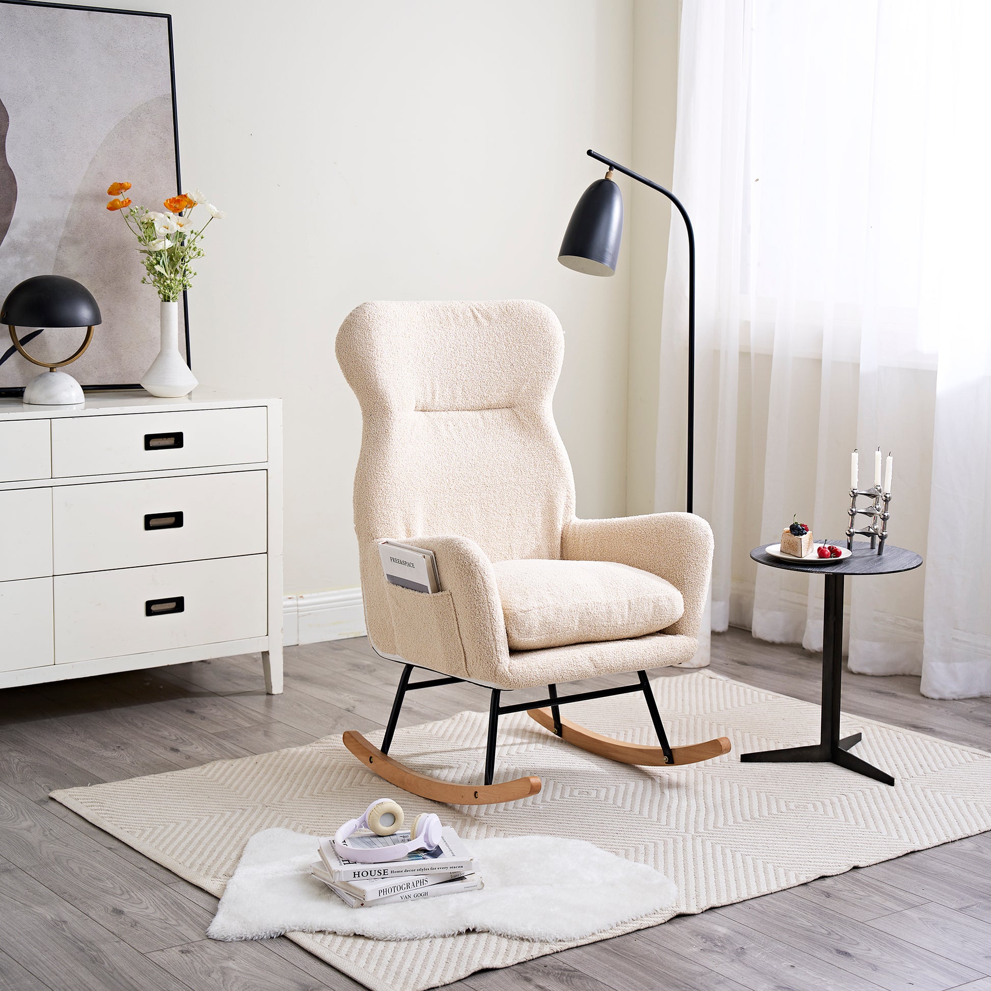 Modern Rocking Chair With High Backrest,Teddy Material Comfort Arm Rocker, Lounge Armchair For Living Room Beige Cotton Metal