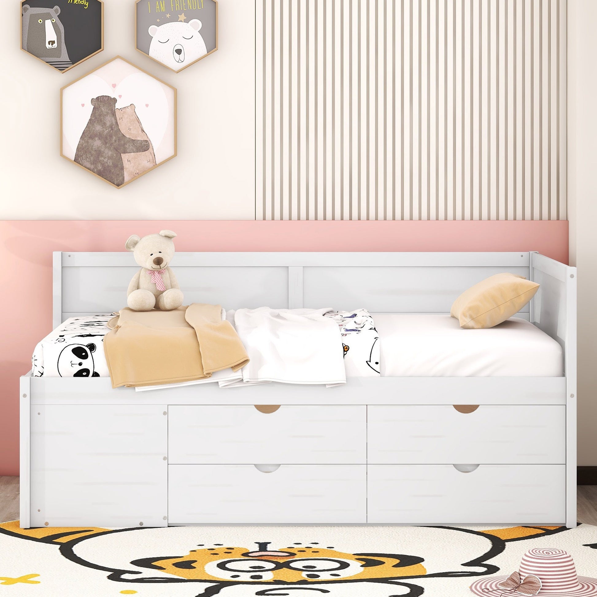 Twin Size Daybed With Drawers And Shelves, White White Solid Wood