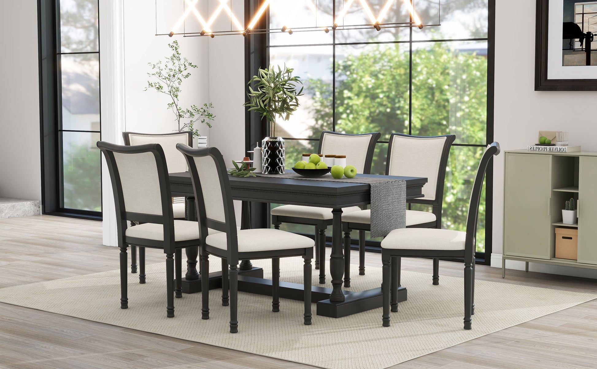 7 Piece Dining Table With 4 Trestle Base And 6 Upholstered Chairs With Slightly Curve And Ergonomic Seat Back Black Upholstered Chair Wood Black Seats 6 Wood Dining Room American Design,Antique Trestle Rectangular Dining Table With Chair Solid Wood Mdf