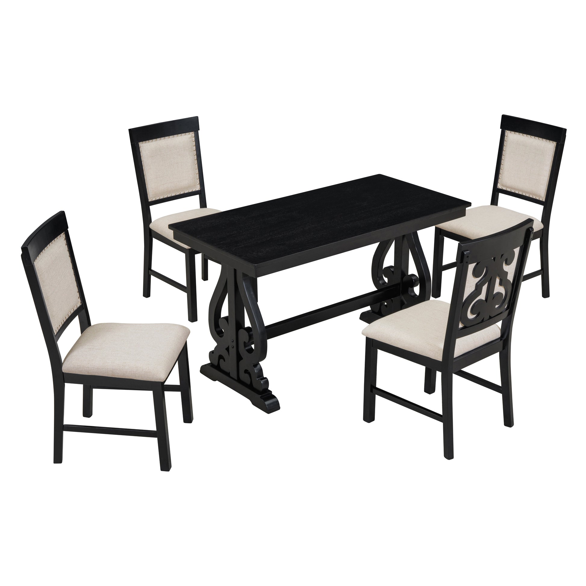 5 Piece Retro Dining Set, Rectangular Wooden Dining Table And 4 Upholstered Chairs For Dining Room And Kitchen Black Black Solid Wood Mdf