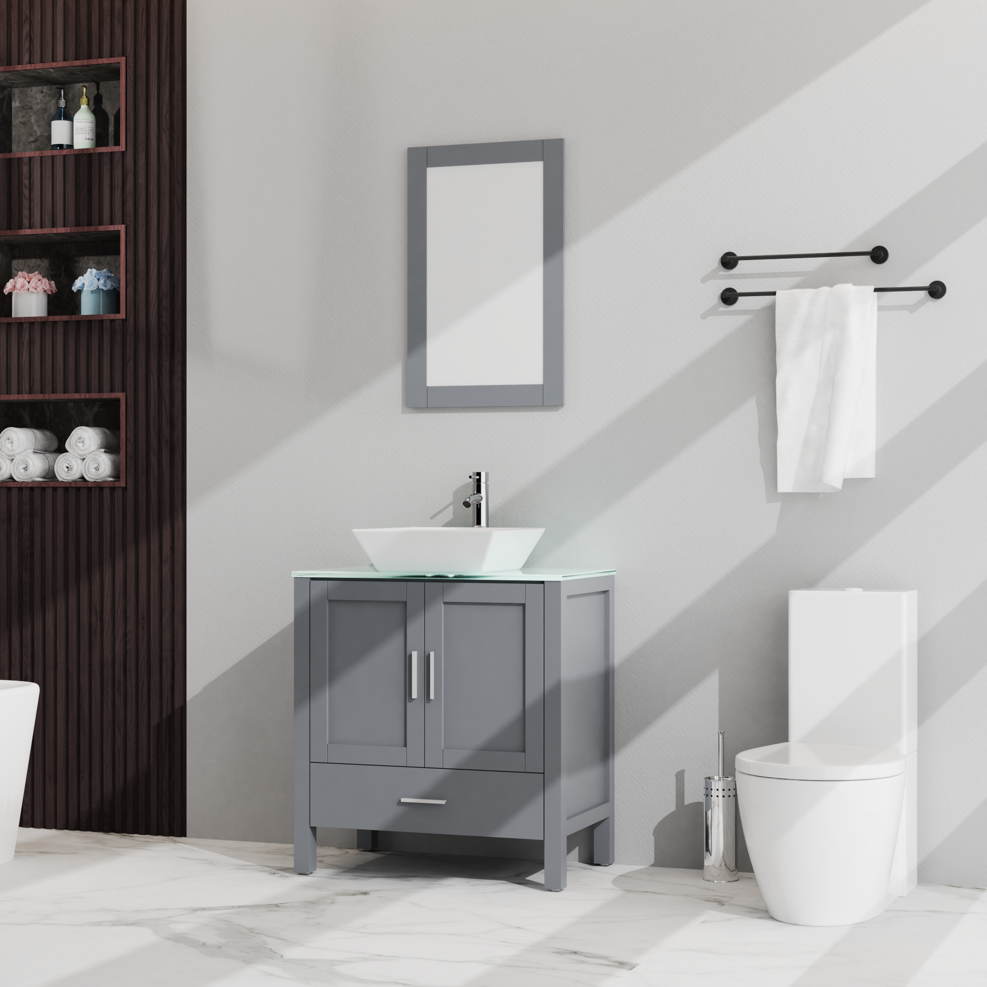 Goodyo 30" Bathroom Vanity And Sink Combo Glass Top Cabinet W Mirror, Gray 1 Gray 2 24 To 35 In 24 To 31 In Mirror Included Bathroom Freestanding American Design 15 20 Inches Mdf Mdf Glass