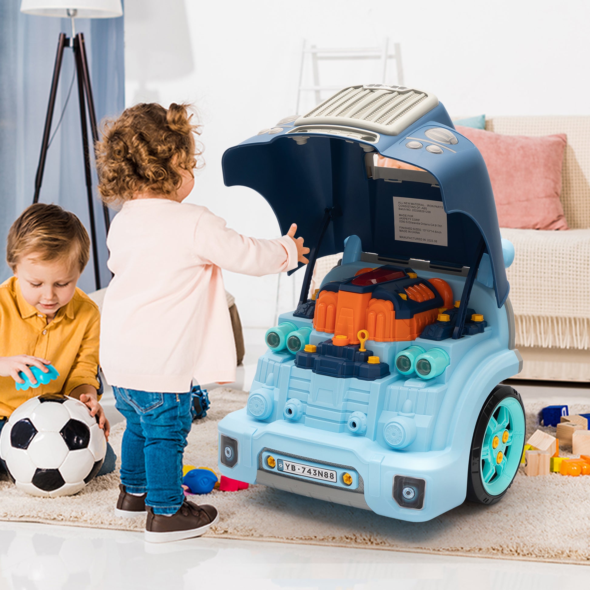 Large Truck Engine Toy, Kids Mechanic Repair Set, Take Apart Motor Vehicle, Pretend Play Car Service Station With Light Horn Alarm, Gifts For Boys And Girls, Blue Blue Abs