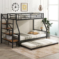 Twin Over Full Size Metal Bunk Bed With Trundle And Storage Staircase, Black Twin Black Metal