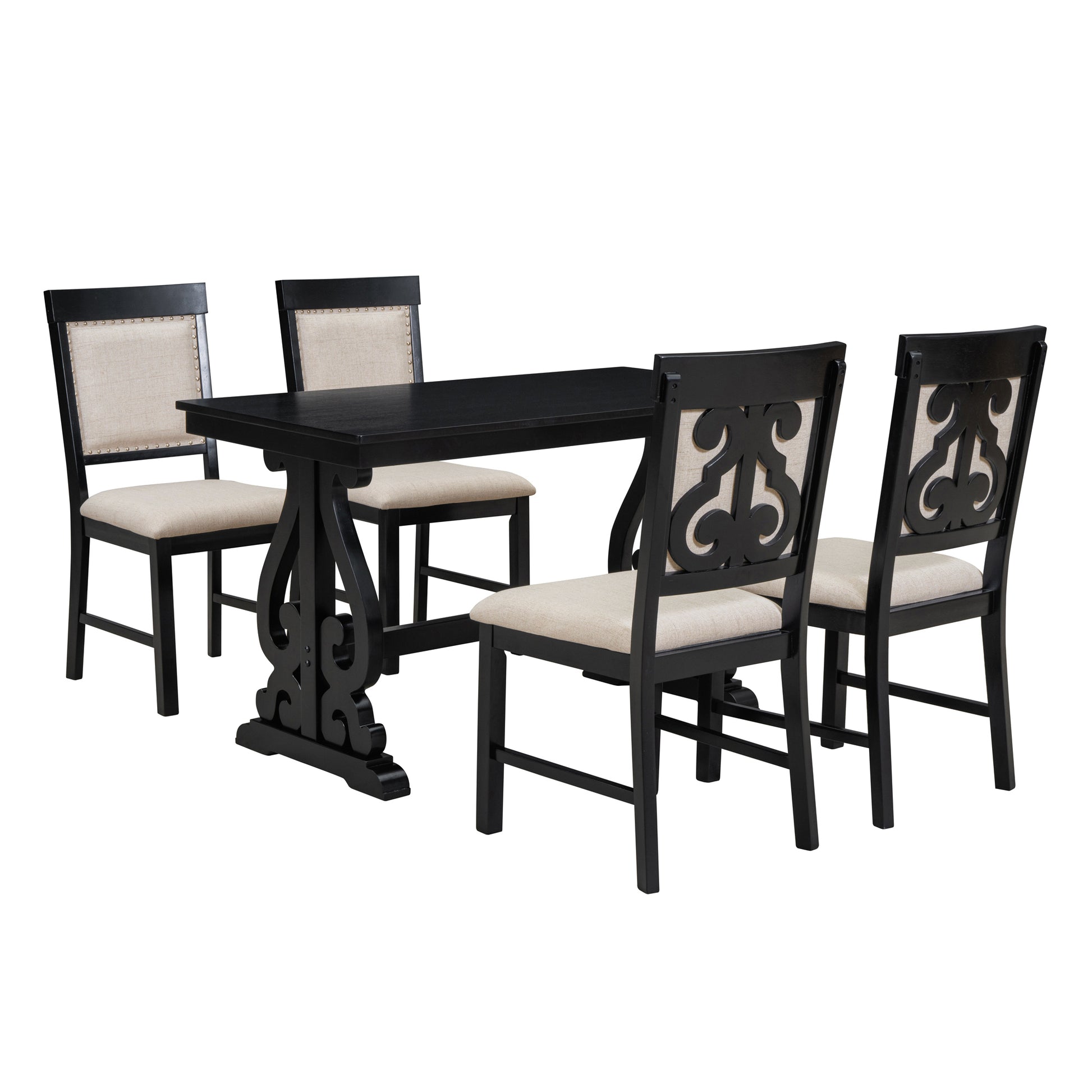 5 Piece Retro Dining Set, Rectangular Wooden Dining Table And 4 Upholstered Chairs For Dining Room And Kitchen Black Black Solid Wood Mdf