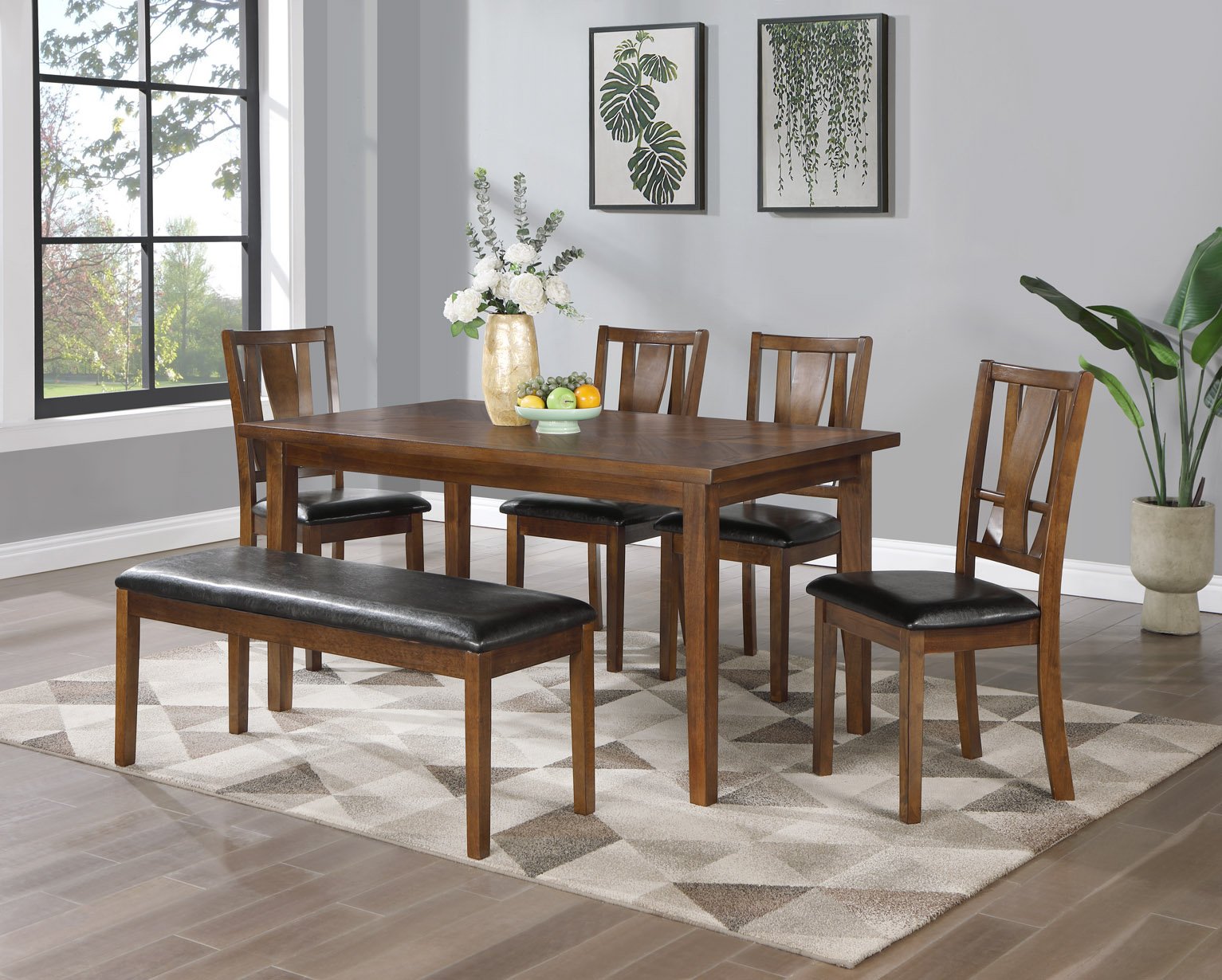 6 Piece Dining Set With Bench, Brown Cherry Brown Rubber Wood