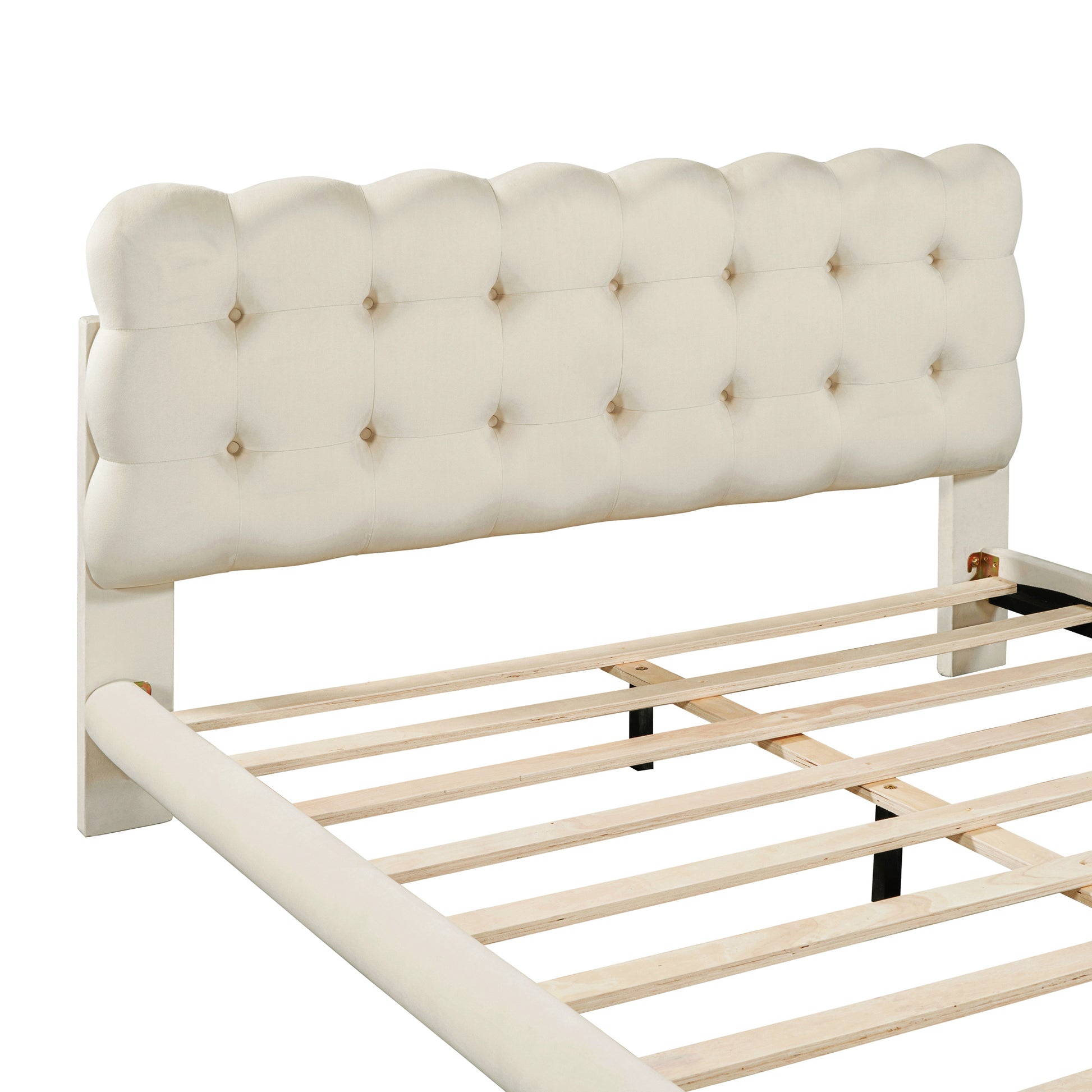 Queen Size Velvet Platform Bed With Led Frame, Thick & Soft Fabric And Button Tufted Design Headboard, Beige Beige Velvet