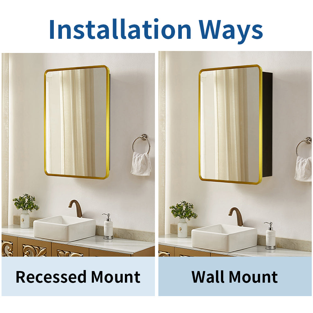 24X30 Inch Gold Metal Framed Wall Mount Or Recessed Bathroom Medicine Cabinet With Mirror Gold Matte Black 1 2 24 To 35 In 24 To 31 In Removable Shelf Bathroom Classic Less Than 5 Inches Aluminium Powder Coated