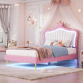 Twin Size Upholstered Bed Frame With Led Lights, Modern Upholstered Princess Bed With Crown Headboard,White Pink Twin White Pink Pu