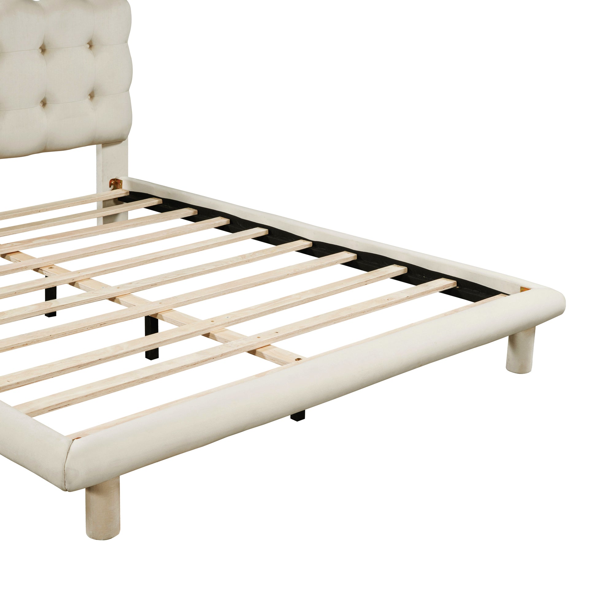 Queen Size Velvet Platform Bed With Led Frame, Thick & Soft Fabric And Button Tufted Design Headboard, Beige Beige Velvet