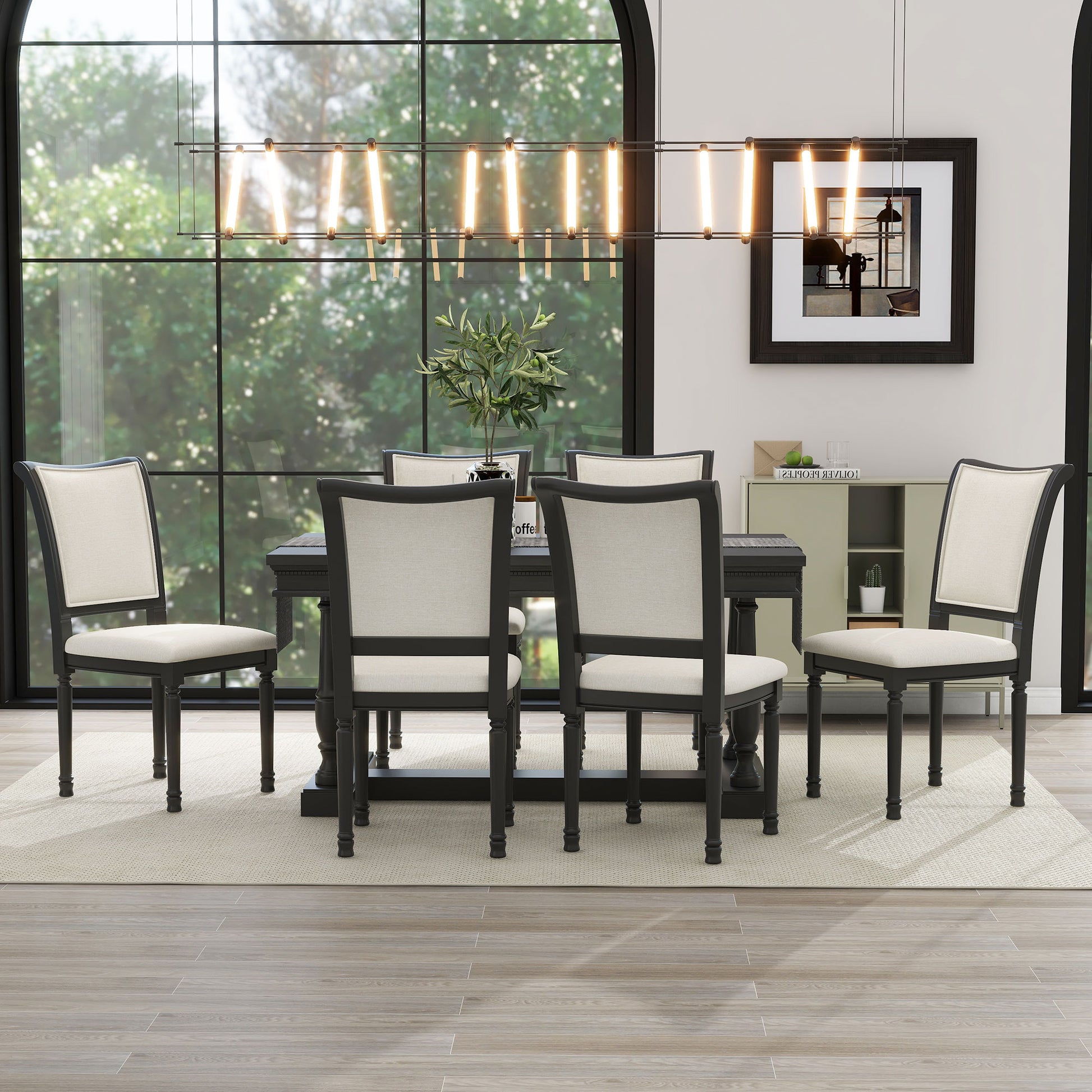 7 Piece Dining Table With 4 Trestle Base And 6 Upholstered Chairs With Slightly Curve And Ergonomic Seat Back Black Upholstered Chair Wood Black Seats 6 Wood Dining Room American Design,Antique Trestle Rectangular Dining Table With Chair Solid Wood Mdf