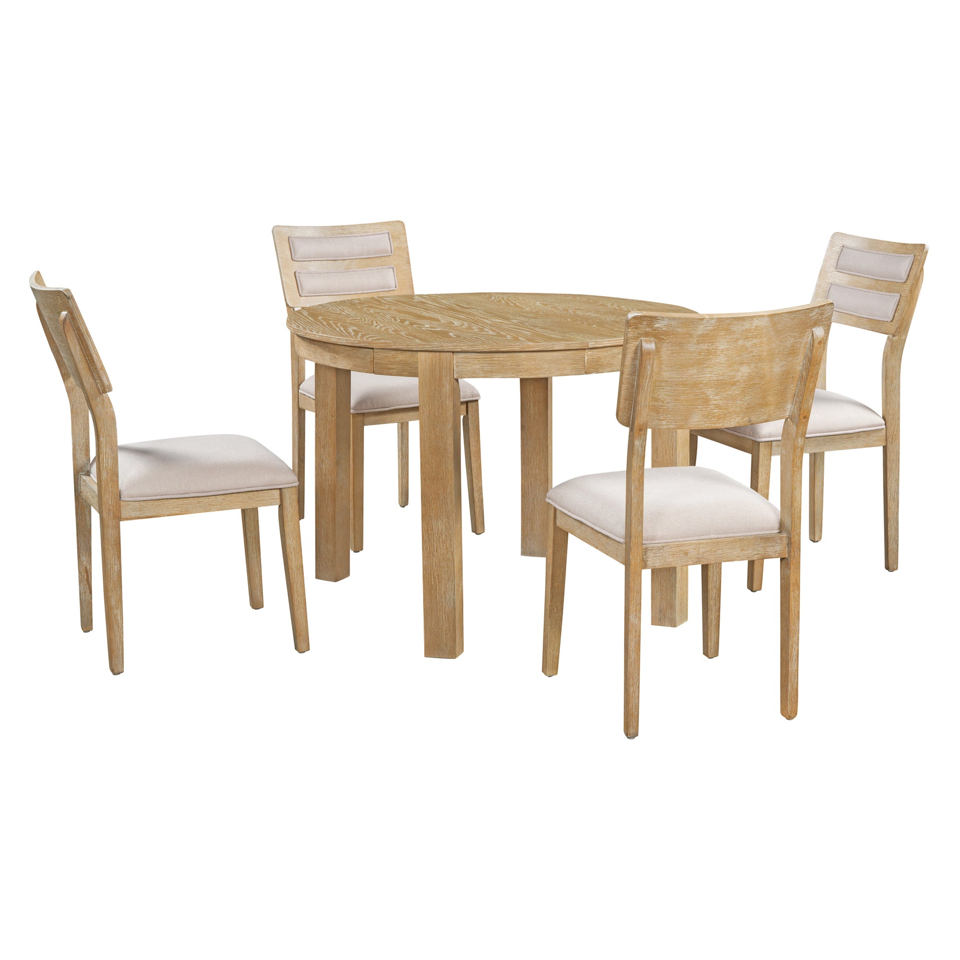 5 Piece Multifunctional Dining Table Set, Farmhouse Dining Set With Extendable Round Table ,Two Small Drawers And 4 Upholstered Dining Chairs For Kitchen And Dining Room Natural Wood Wash Natural Wood Wash Solid Wood