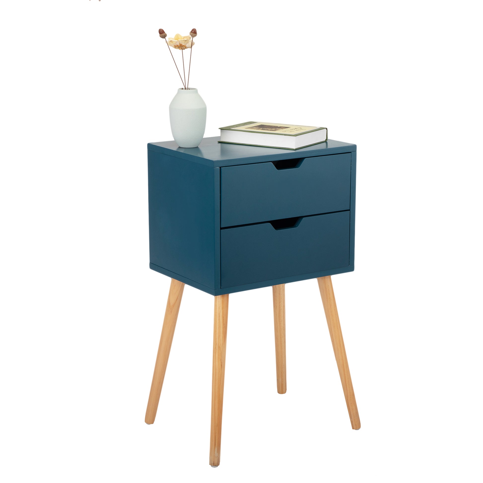 Set Of 2 Nightstand With 2 Drawers, Mid Century Wood Bedside Table For Bedrooms Living Rooms, Sofa Side End Table, Blue Blue Mdf