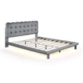 Queen Size Velvet Platform Bed With Led Frame, Thick & Soft Fabric And Button Tufted Design Headboard, Gray Gray Velvet