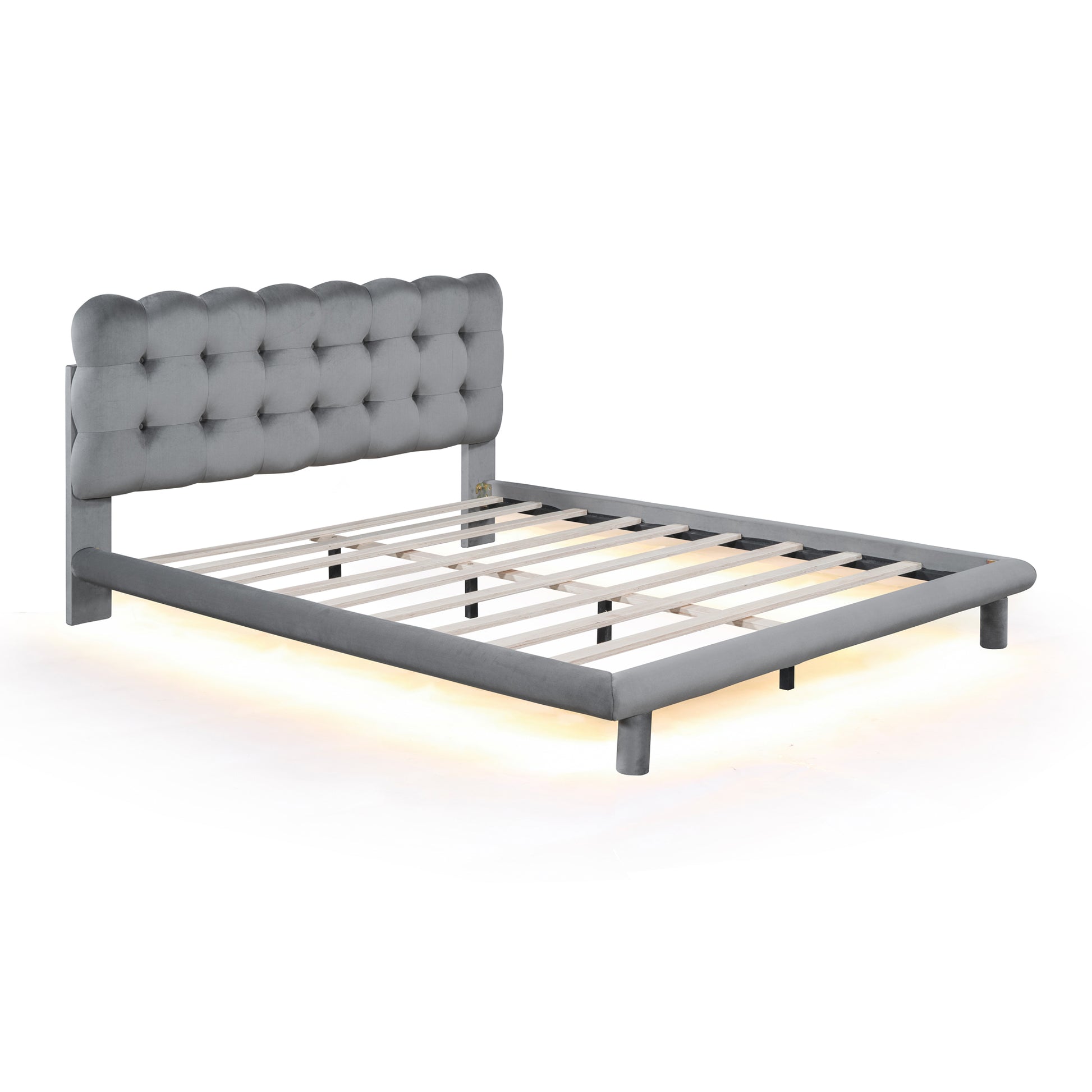 Queen Size Velvet Platform Bed With Led Frame, Thick & Soft Fabric And Button Tufted Design Headboard, Gray Gray Velvet