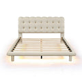 Queen Size Velvet Platform Bed With Led Frame, Thick & Soft Fabric And Button Tufted Design Headboard, Beige Beige Velvet