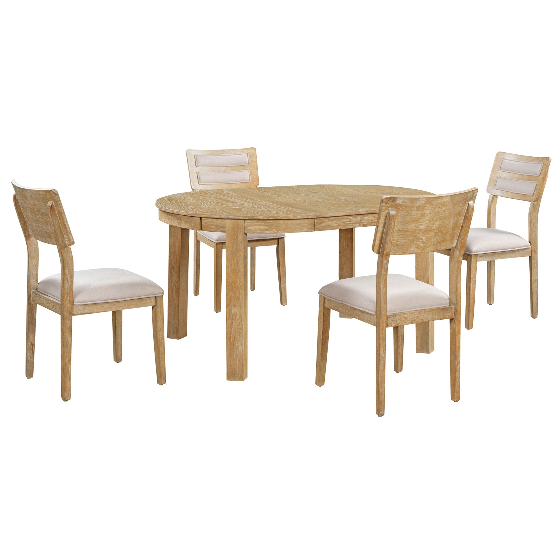 5 Piece Multifunctional Dining Table Set, Farmhouse Dining Set With Extendable Round Table ,Two Small Drawers And 4 Upholstered Dining Chairs For Kitchen And Dining Room Natural Wood Wash Natural Wood Wash Solid Wood