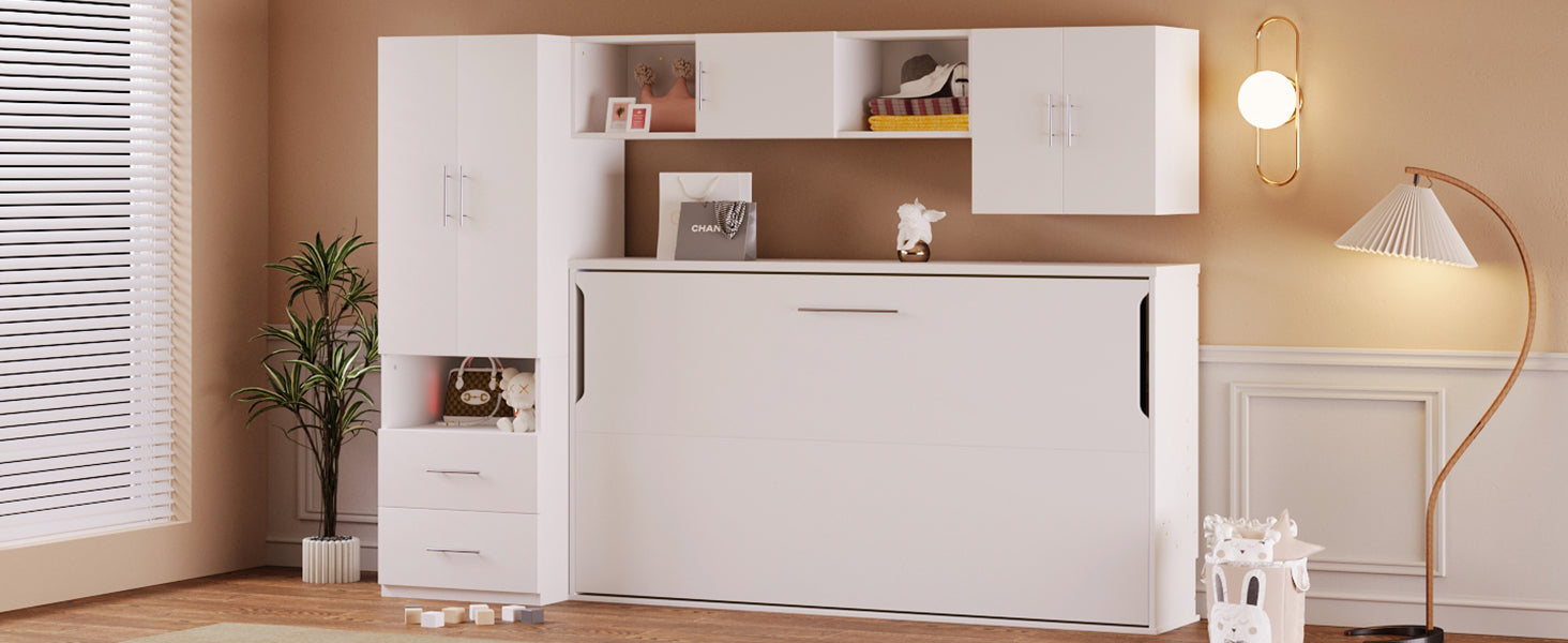 Twin Size Murphy Bed With Open Shelves And Storage Drawers,Built In Wardrobe And Table, White Twin White Solid Wood Mdf