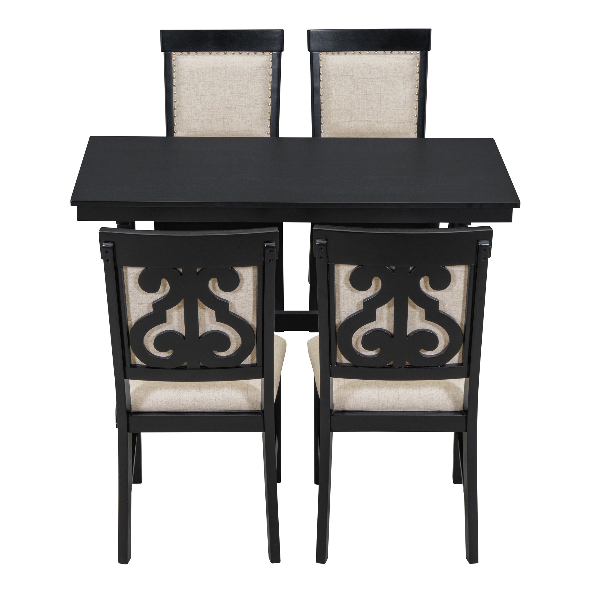 5 Piece Retro Dining Set, Rectangular Wooden Dining Table And 4 Upholstered Chairs For Dining Room And Kitchen Black Black Solid Wood Mdf