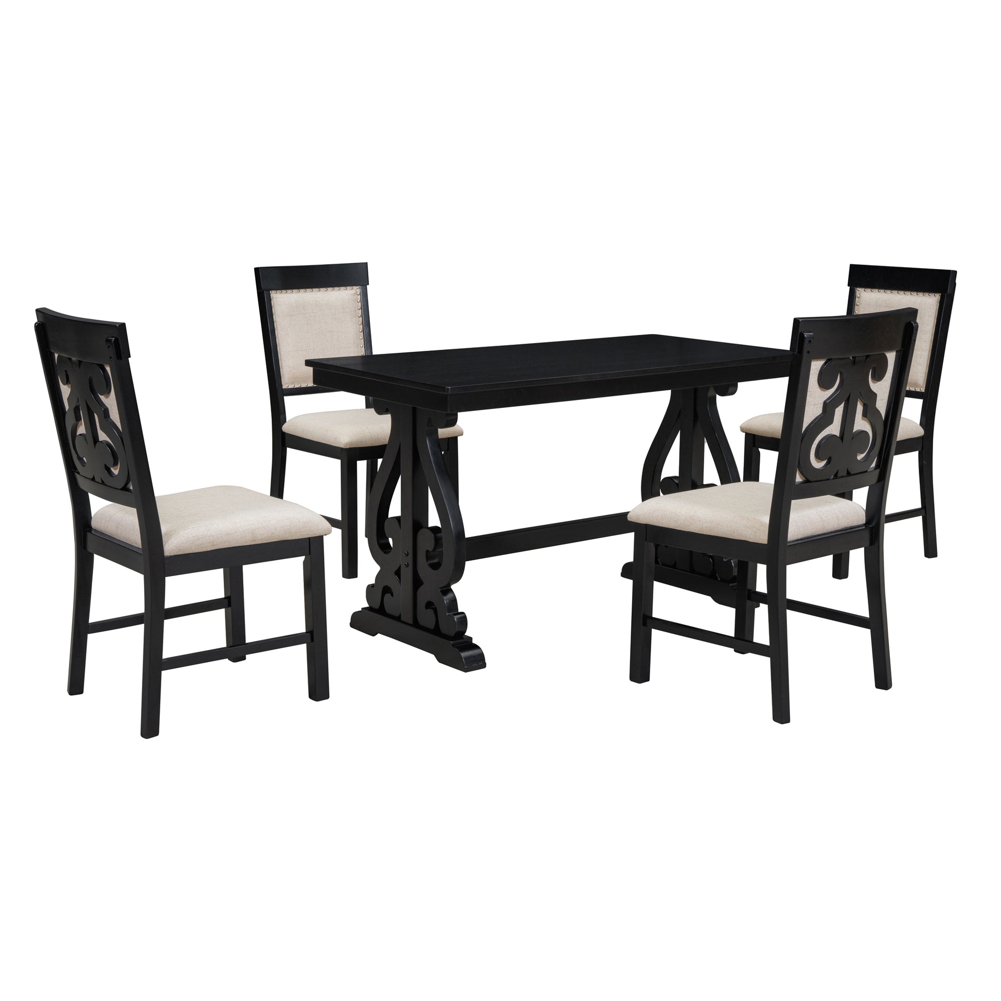 5 Piece Retro Dining Set, Rectangular Wooden Dining Table And 4 Upholstered Chairs For Dining Room And Kitchen Black Black Solid Wood Mdf