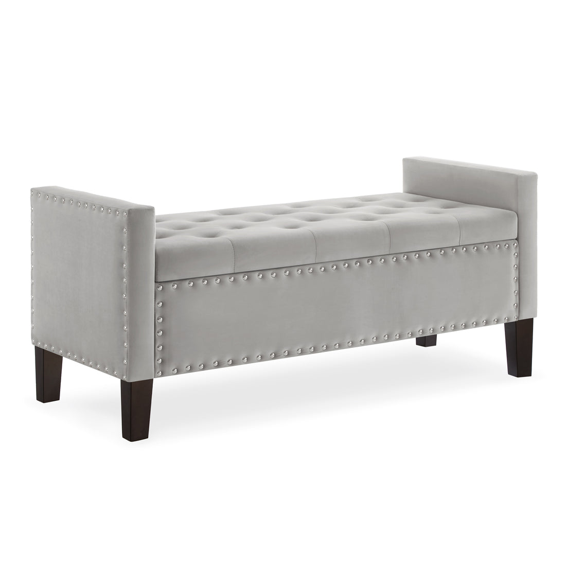 Upholstered Tufted Button Storage Bench With Nails Trim,Entryway Living Room Soft Padded Seat With Armrest,Bed Bench Gray Armrest Gray Espresso Primary Living Space Velvet Solid American Design Rubberwood Wood Internal Storage Foam Velvet