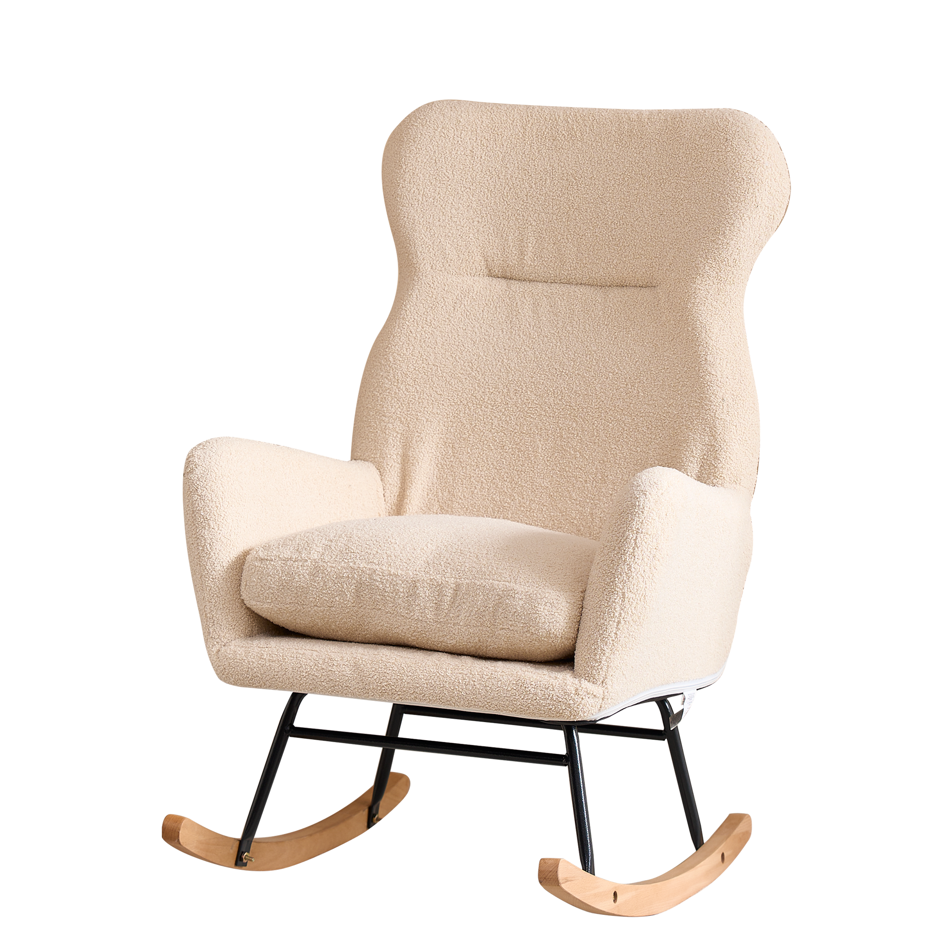 Modern Rocking Chair With High Backrest,Teddy Material Comfort Arm Rocker, Lounge Armchair For Living Room Beige Cotton Metal