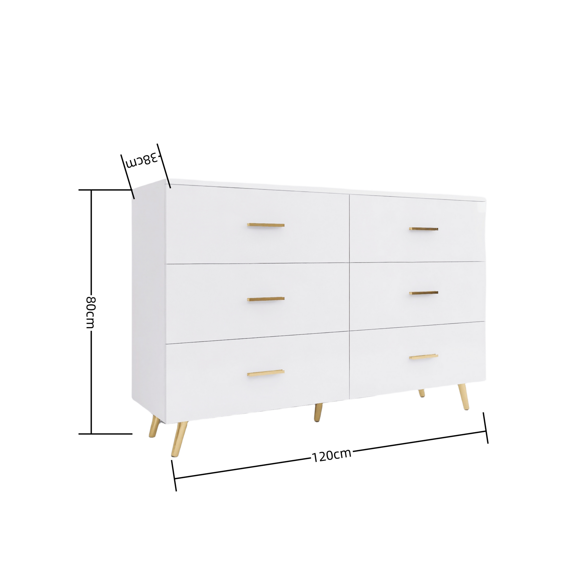 High Glossy Surface 6 Drawers Chest Of Drawer With Golden Handle And Golden Steel Legs White Color Vanity White Bedroom Modern Engineered Wood