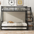 Twin Over Full Size Metal Bunk Bed With Trundle And Storage Staircase, Black Twin Black Metal