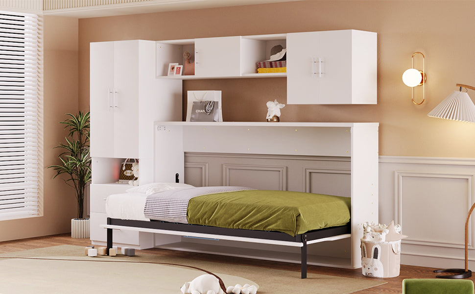 Twin Size Murphy Bed With Open Shelves And Storage Drawers,Built In Wardrobe And Table, White Twin White Solid Wood Mdf