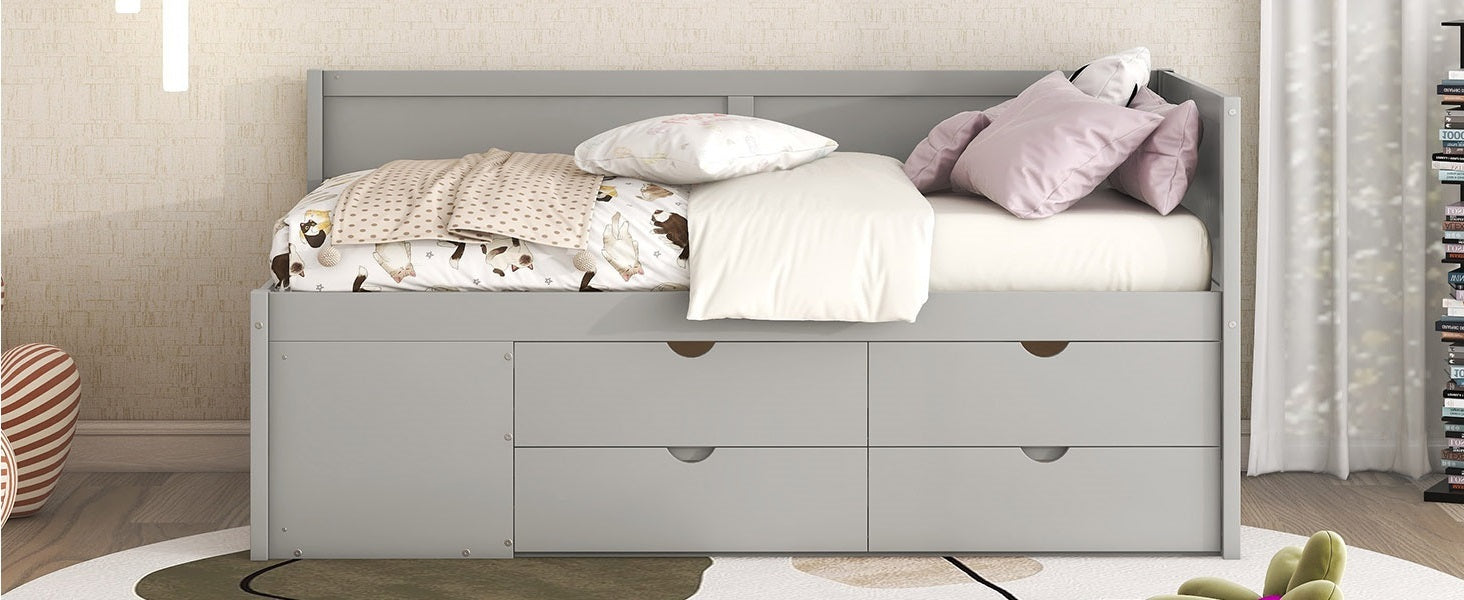 Twin Size Daybed With Drawers And Shelves, Gray Gray Solid Wood