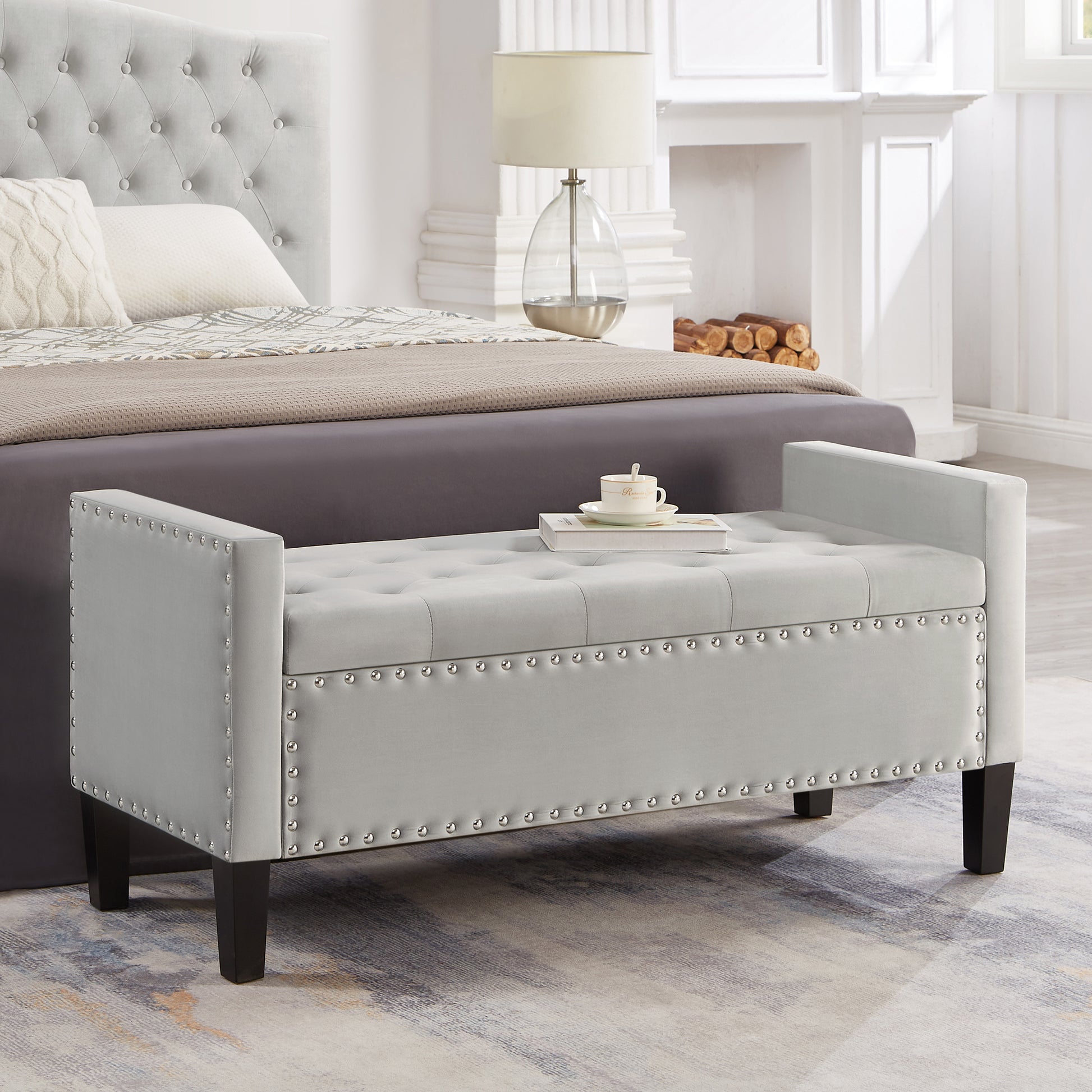 Upholstered Tufted Button Storage Bench With Nails Trim,Entryway Living Room Soft Padded Seat With Armrest,Bed Bench Gray Armrest Gray Espresso Primary Living Space Velvet Solid American Design Rubberwood Wood Internal Storage Foam Velvet