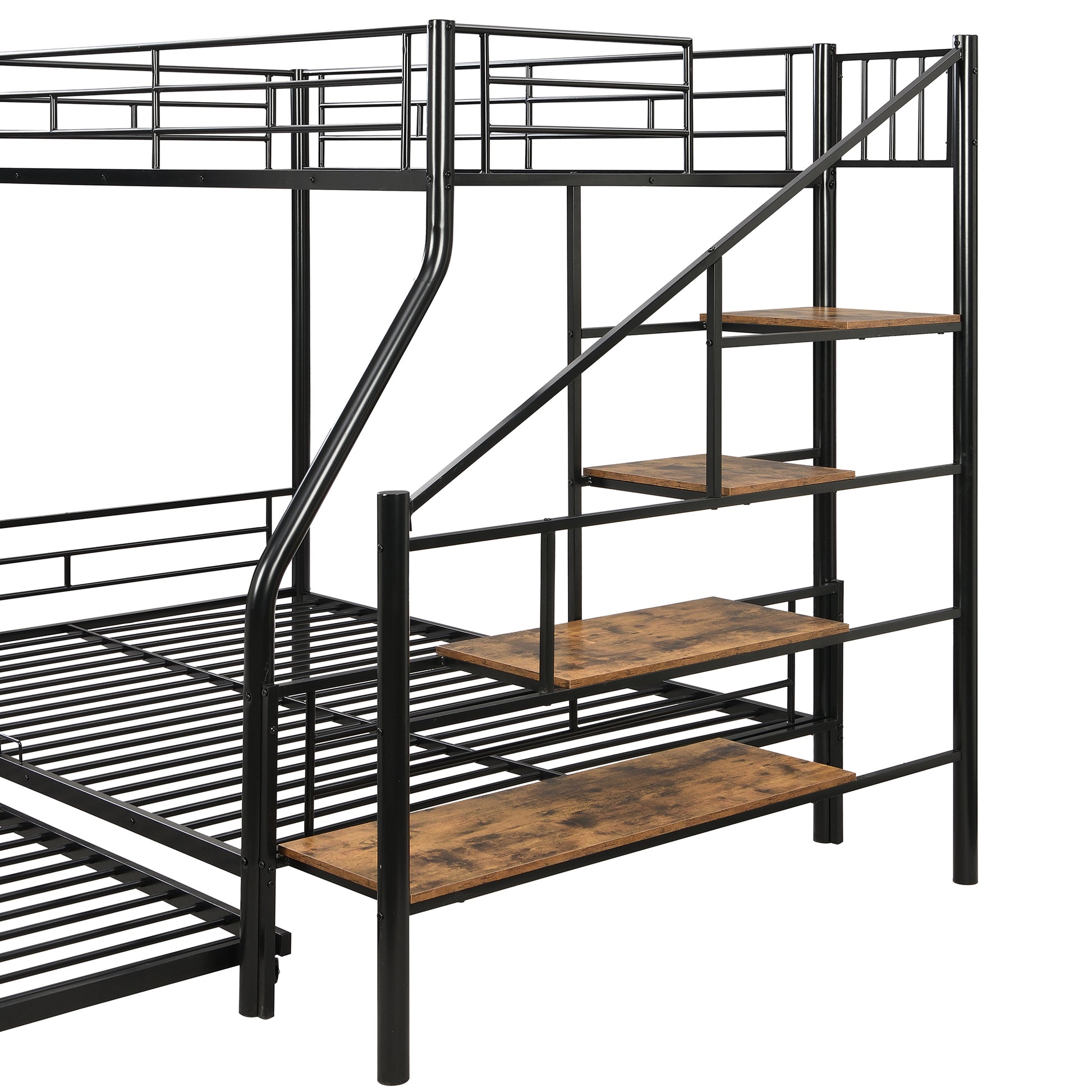 Twin Over Full Size Metal Bunk Bed With Trundle And Storage Staircase, Black Twin Black Metal