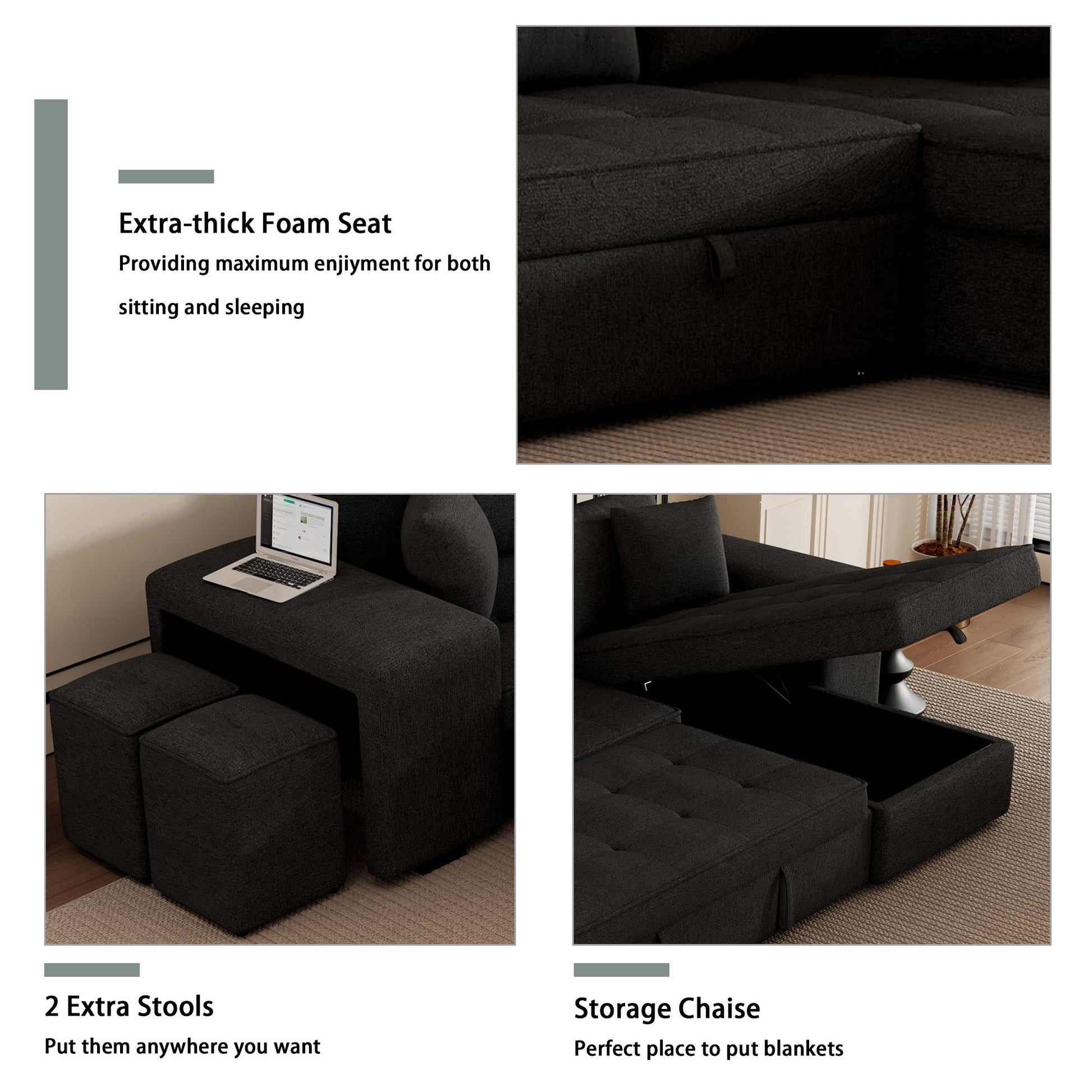 104.5" Modern L Shape 3 Seat Reversible Sectional Couch, Pull Out Sleeper Sofa With Storage Chaise And 2 Stools For Living Room Furniture Set, Charcoal Grey Charcoal Grey Foam Chenille 3 Seat