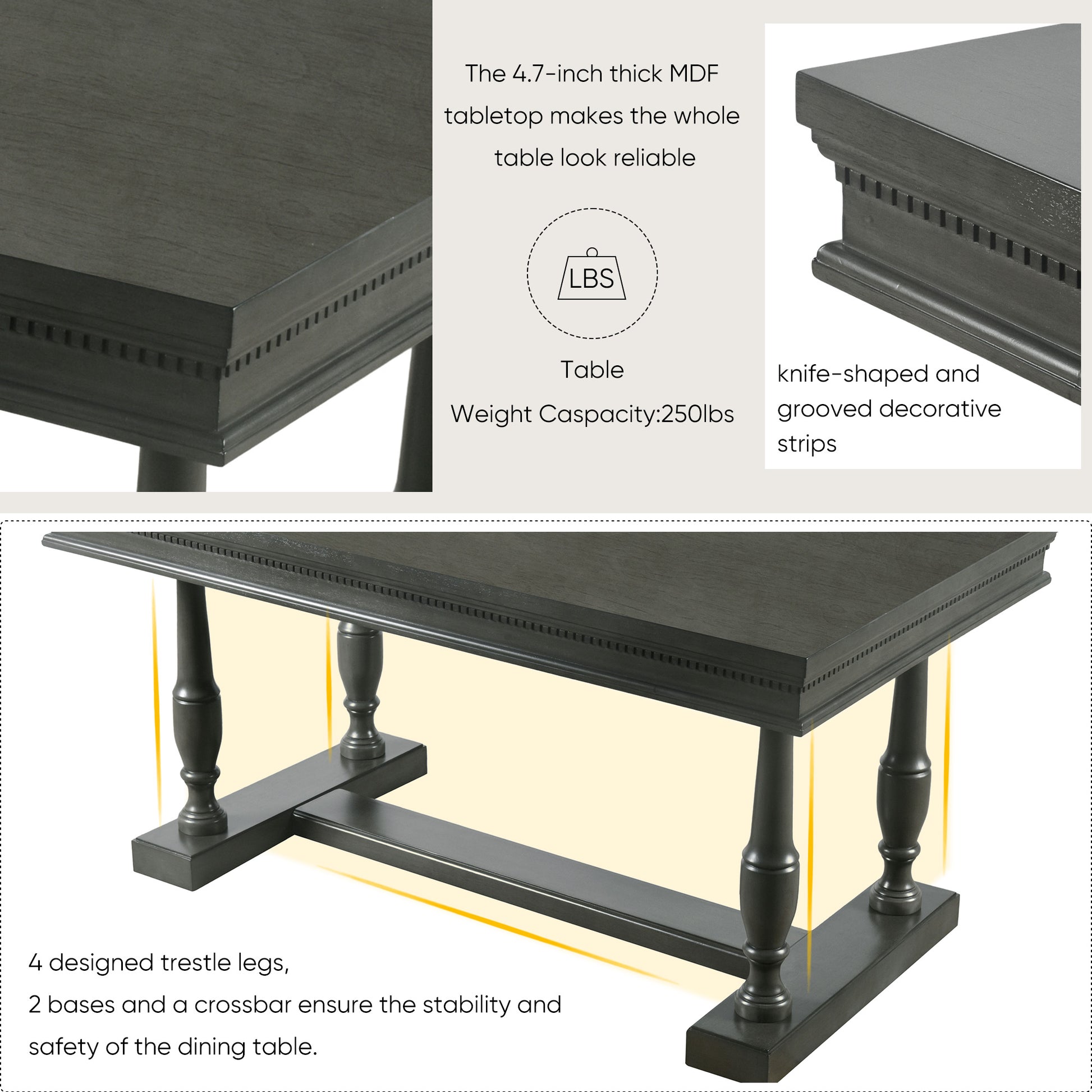 7 Piece Dining Table With 4 Trestle Base And 6 Upholstered Chairs With Slightly Curve And Ergonomic Seat Back Gray Upholstered Chair Wood Gray Seats 6 Wood Dining Room Distressed Finish American Design,Antique Trestle Rectangular Dining Table With Chair