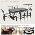 7 Piece Dining Table With 4 Trestle Base And 6 Upholstered Chairs With Slightly Curve And Ergonomic Seat Back Gray Upholstered Chair Wood Gray Seats 6 Wood Dining Room Distressed Finish American Design,Antique Trestle Rectangular Dining Table With Chair