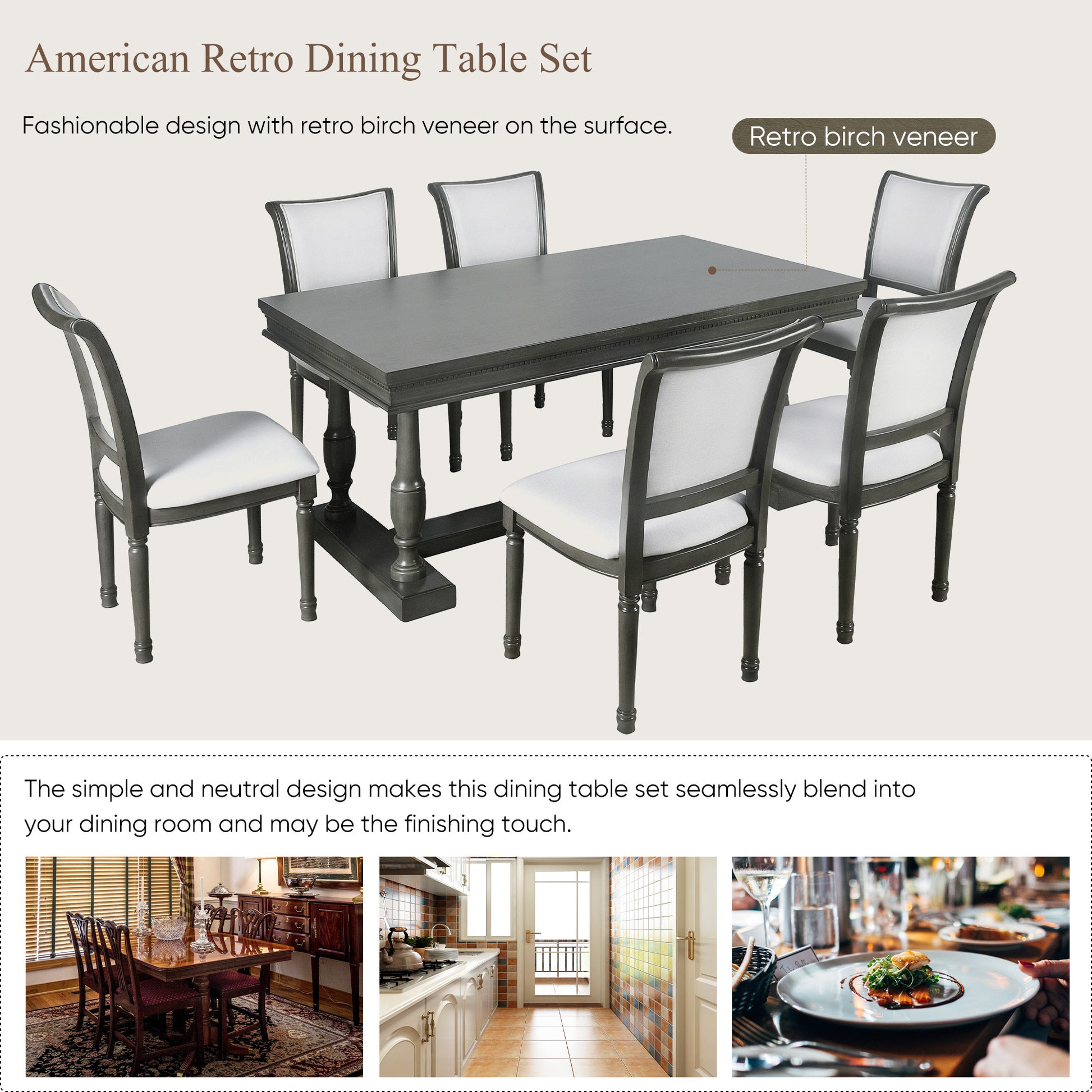 7 Piece Dining Table With 4 Trestle Base And 6 Upholstered Chairs With Slightly Curve And Ergonomic Seat Back Gray Upholstered Chair Wood Gray Seats 6 Wood Dining Room Distressed Finish American Design,Antique Trestle Rectangular Dining Table With Chair