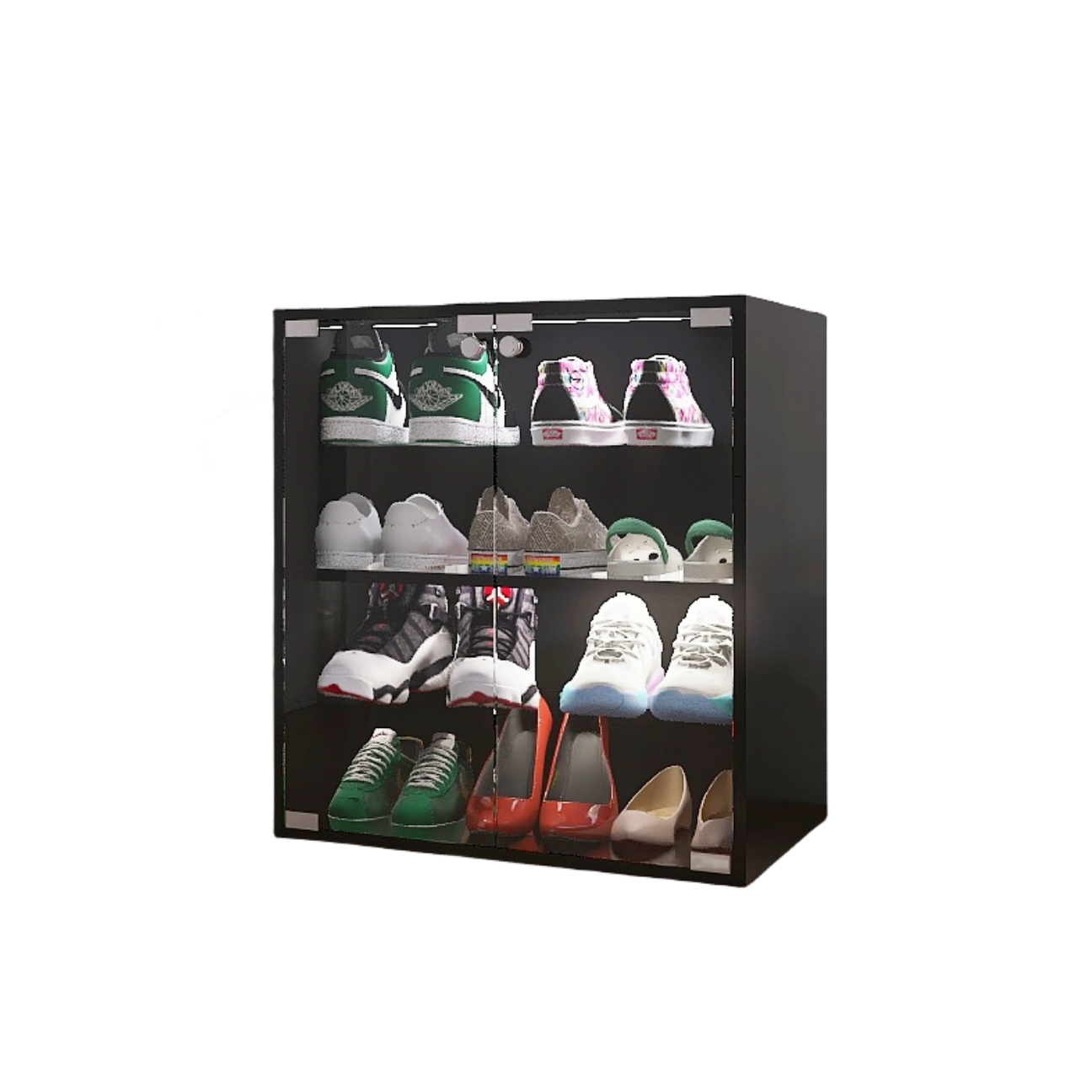 4 Layers Black Shoe Cabinet With Glass Door And Glass Layer Shoes Display Cabinet With Led Light Bluetooth Control Standard 3 4 Spaces Black Primary Living Space Adjustable Shelves Modern Mdf Glass