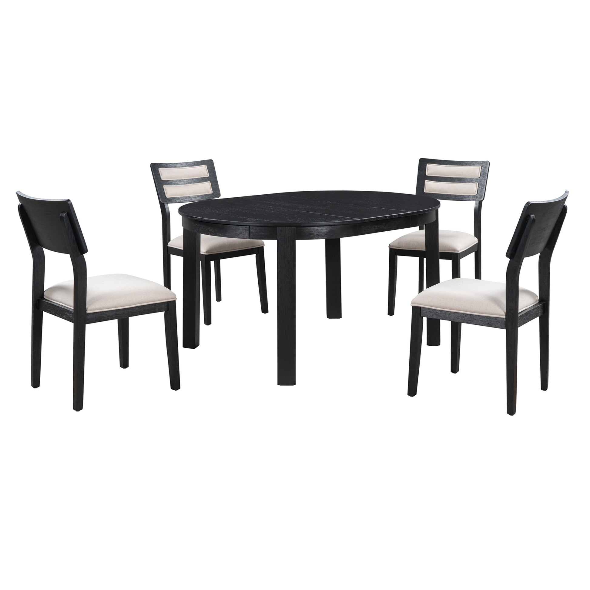 5 Piece Multifunctional Dining Table Set, Farmhouse Dining Set With Extendable Round Table,Two Small Drawers And 4 Upholstered Dining Chairs For Kitchen And Dining Room Black Black Solid Wood