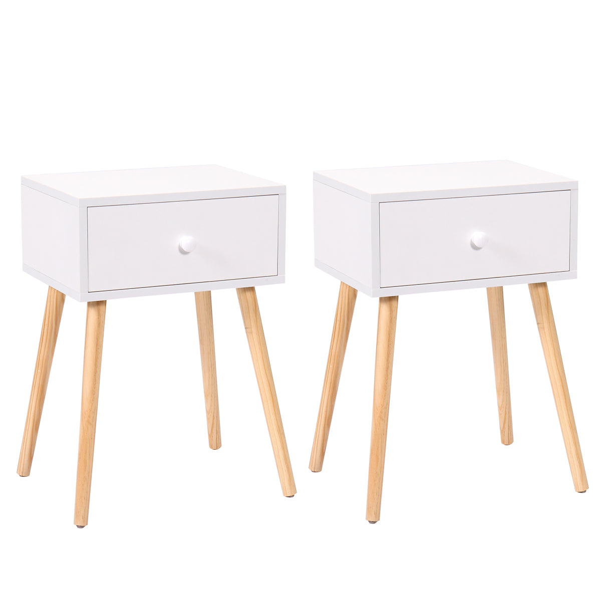 Set Of 2 Wood Nightstand With Storage Drawer And Solid Wood Leg, Modern End Table For Living Room Bedroom Home Furniture, White Brown White Mdf