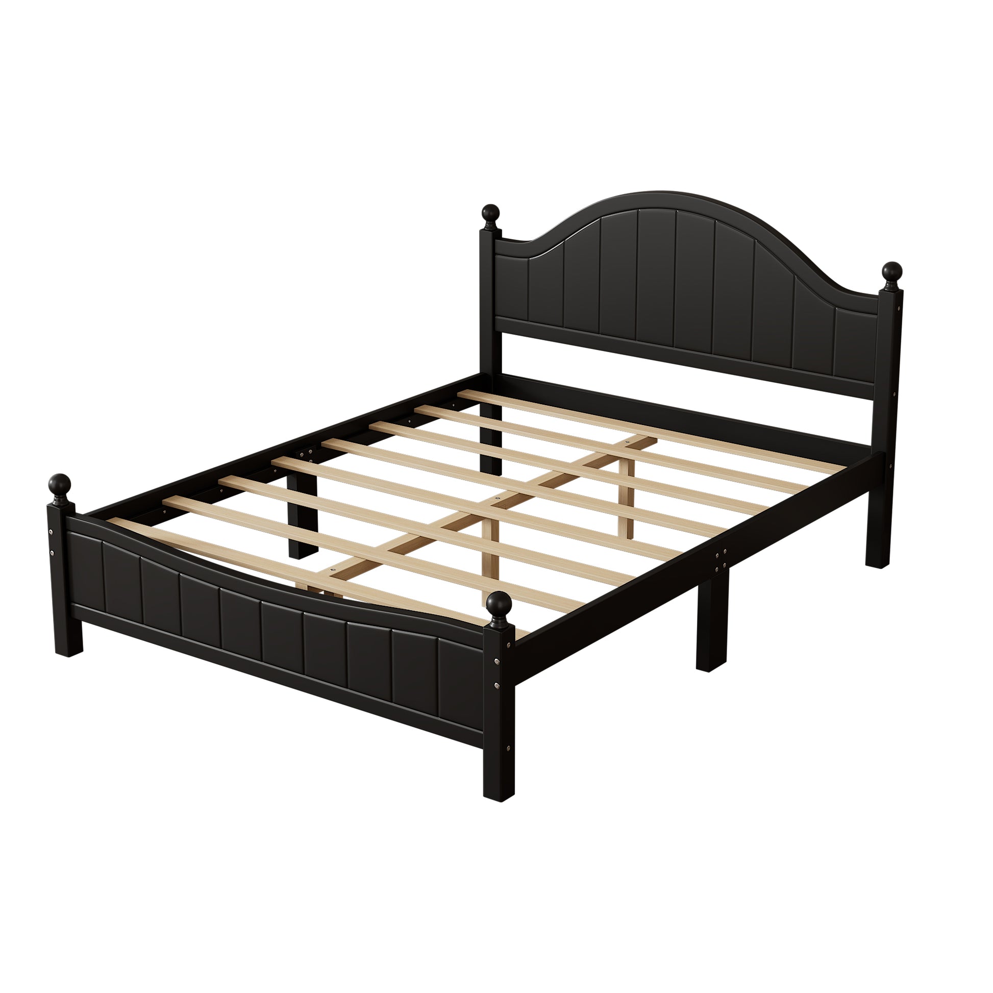 Traditional Concise Style Black Solid Wood Platform Bed, No Need Box Spring, Queen Black Wood