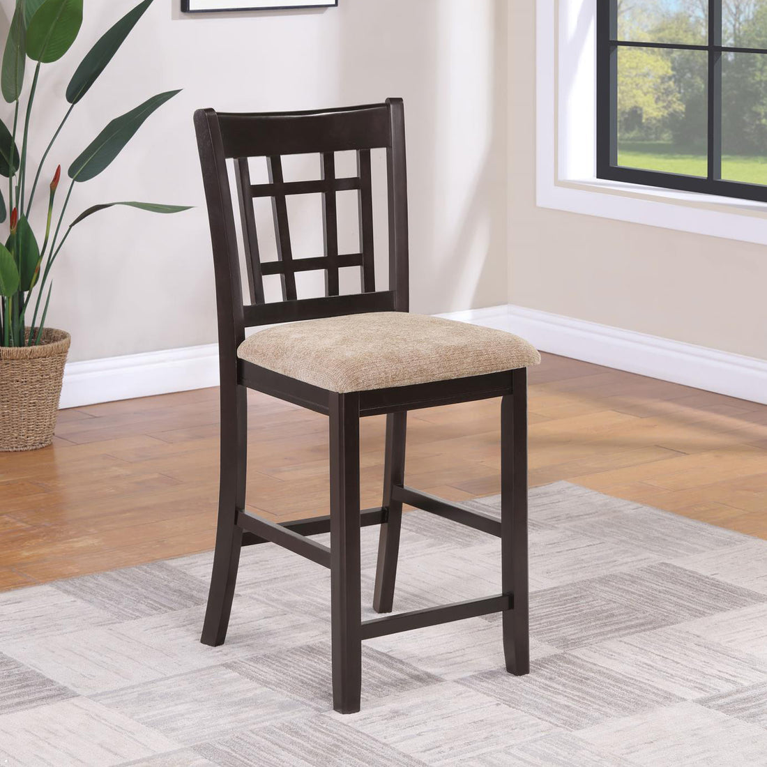 Tan And Espresso Lattice Back Counter Height Stools Set Of 2 Solid Brown Espresso Dining Room Foam Spot Clean Transitional Rubberwood Open Back Foam Faux Leather