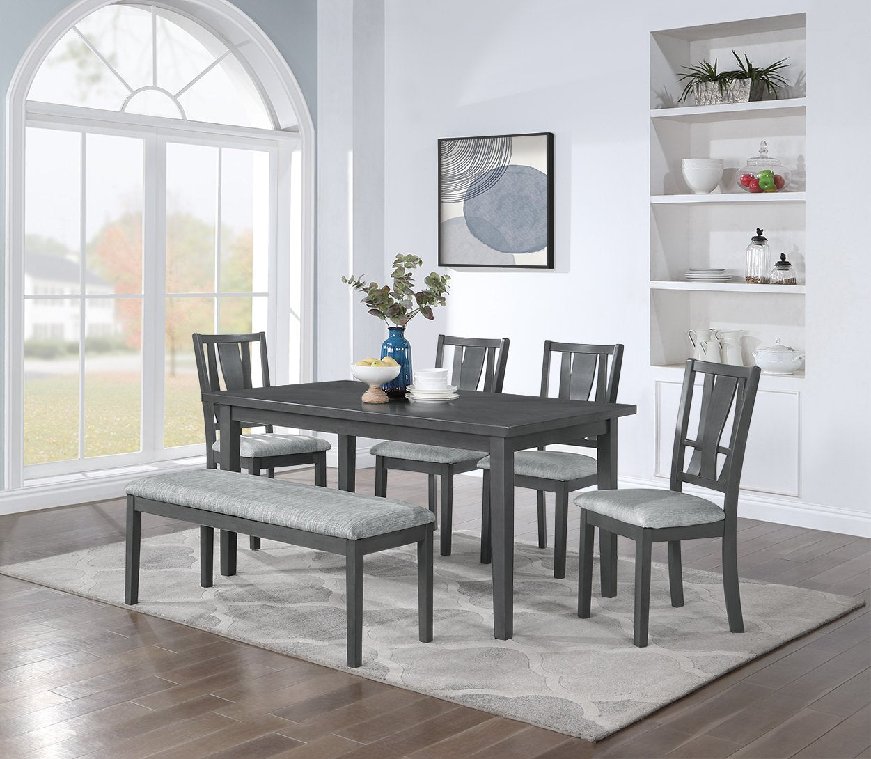 6 Piece Dining Set With Bench, Gray Gray Rubber Wood